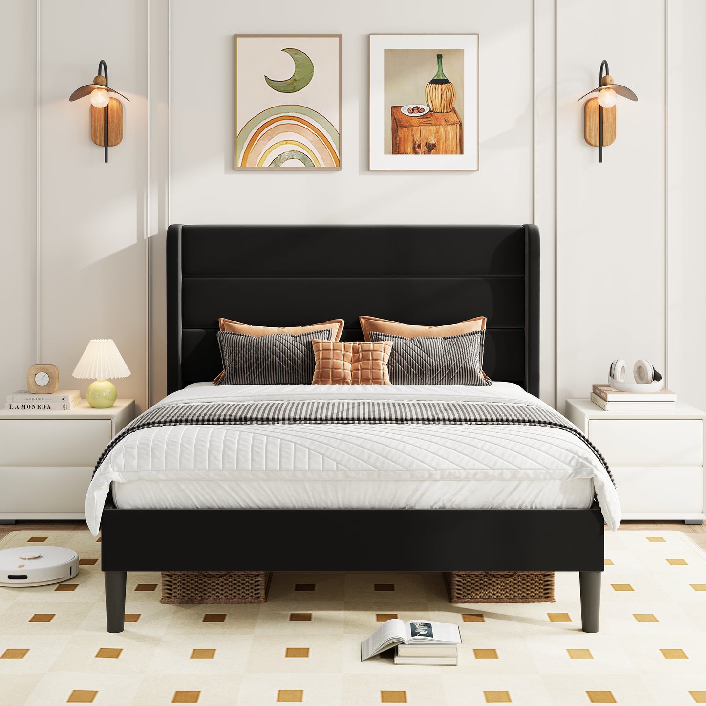 Amolife Platform Bed Frame with Velvet Upholstered Wingback Headboard