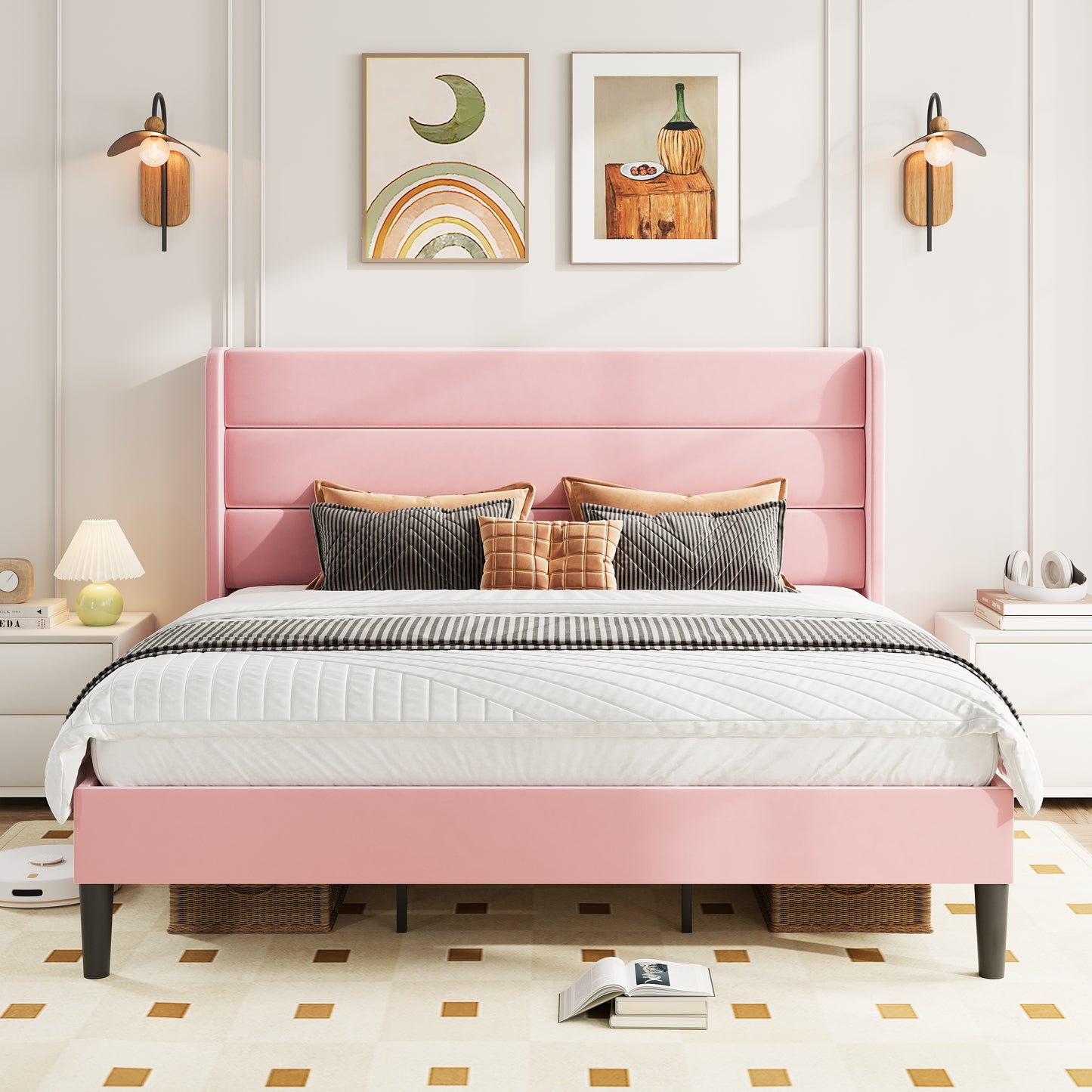 Amolife Platform Bed Frame with Velvet Upholstered Wingback Headboard