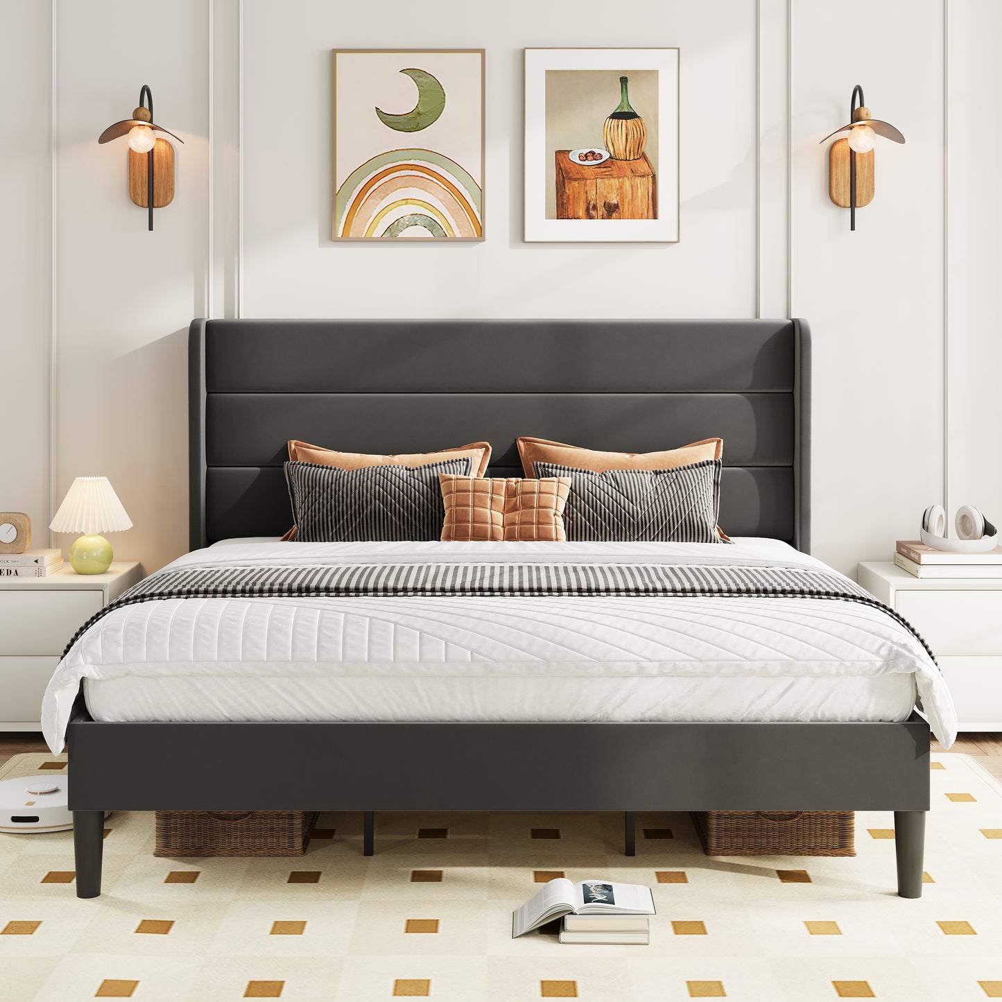 Amolife Platform Bed Frame with Velvet Upholstered Wingback Headboard