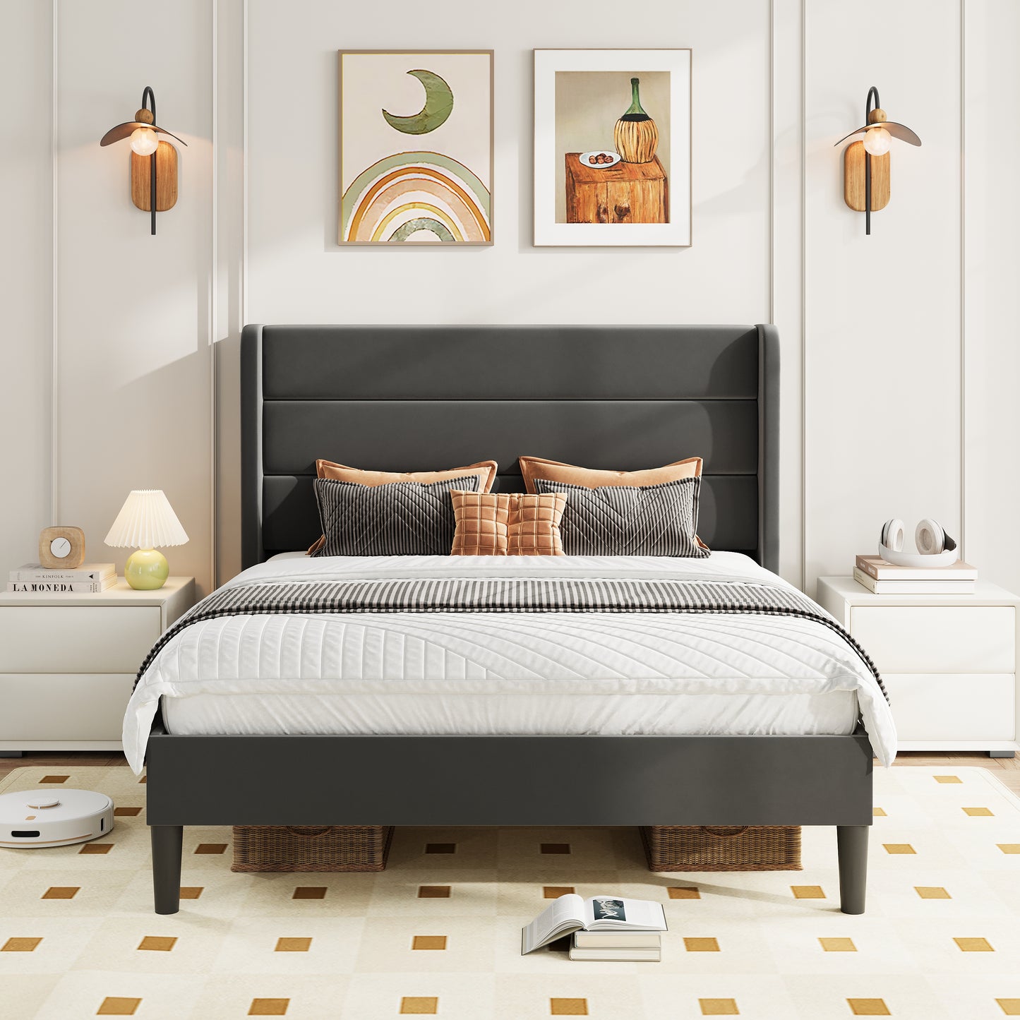 Amolife Platform Bed Frame with Velvet Upholstered Wingback Headboard