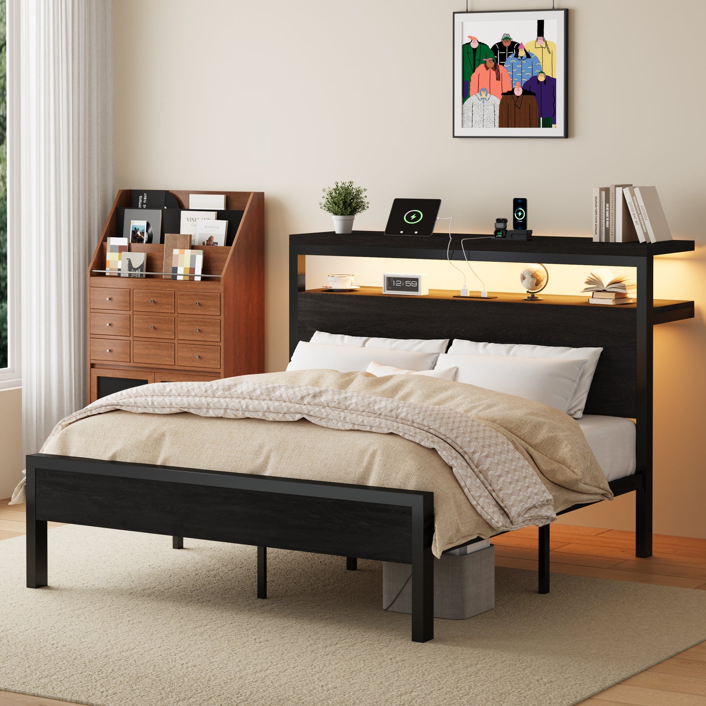 Amolife Metal Platform Bed Frame with RGB LED Storage Headboard, Charging Station & USB Ports, 2 Storage Shelves, 12" Under-Bed Storage Space, Heavy-Duty, Black