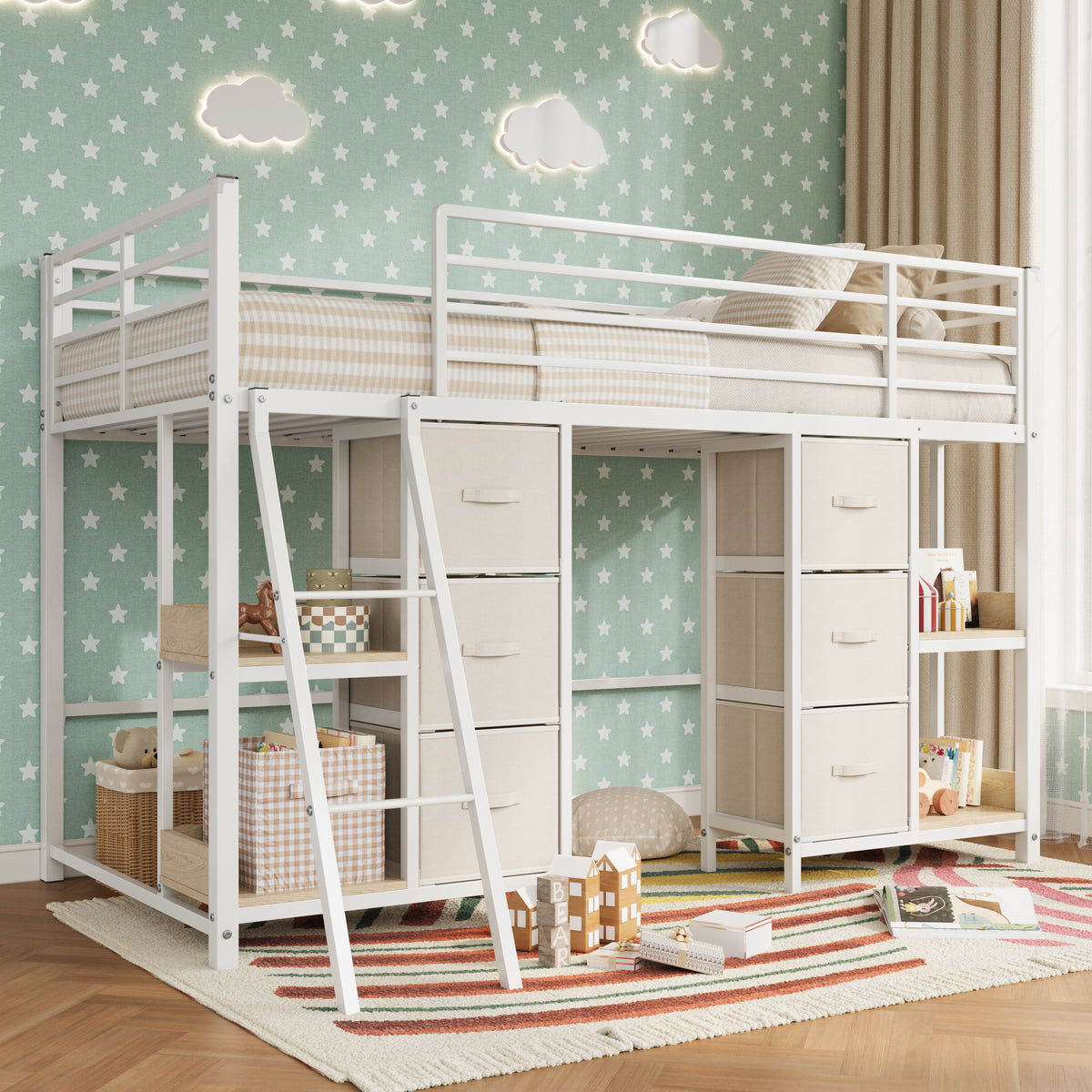 Amolife Twin Low Loft Bed with 6 Drawers and 4 Storage Shelves, Reinforced Frame, Ample Under-Bed Storage