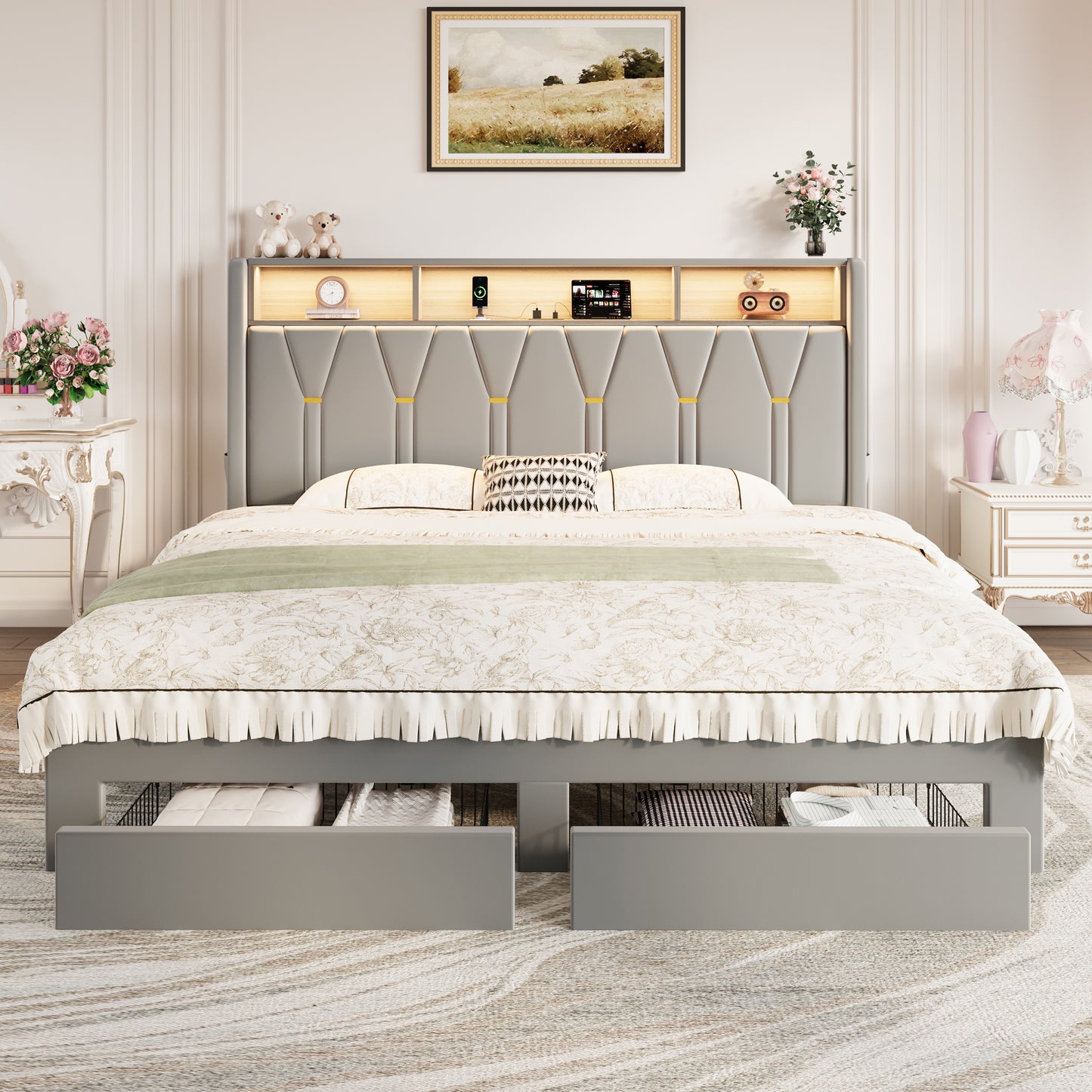 Amolife Bed Frame with 2-Tier Shelves Wingback Headboard and Two Large Storage Drawers, Fast Charging Station and Multi-Color LED