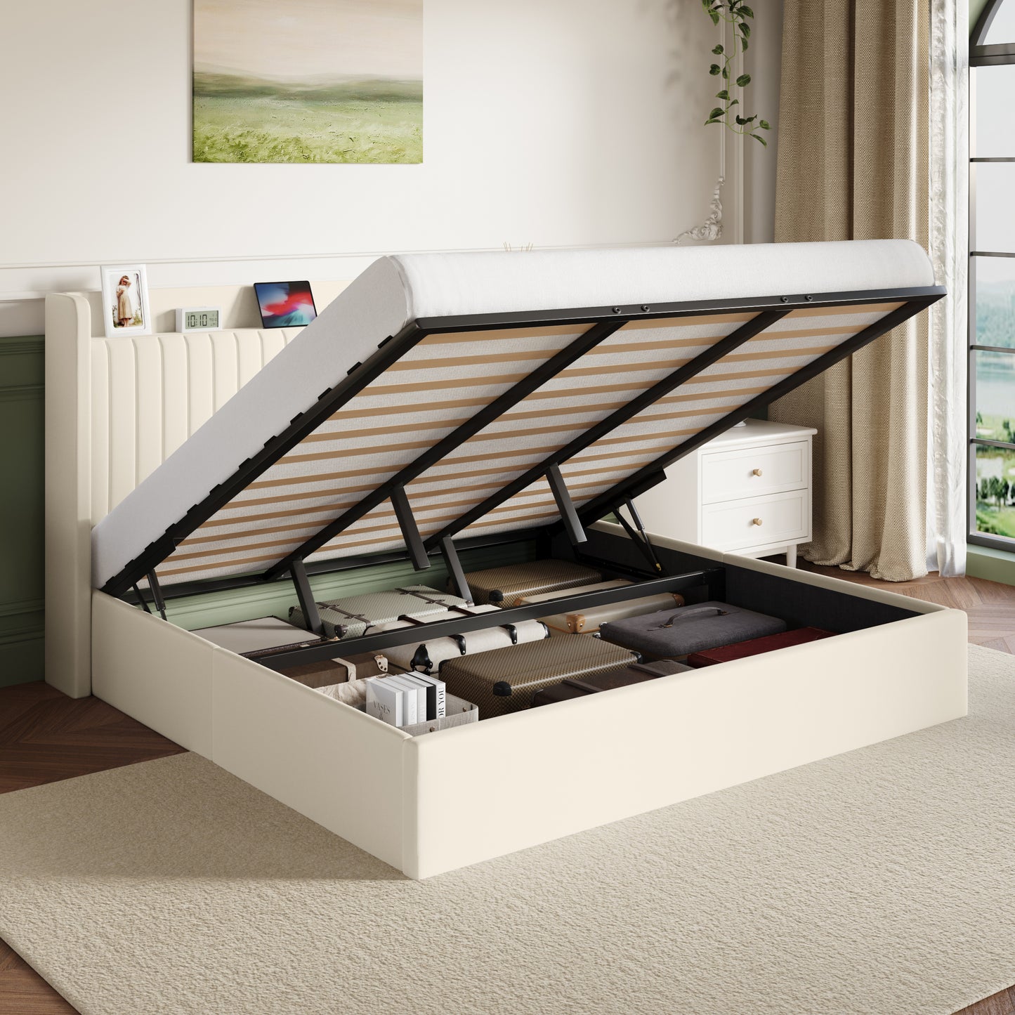 Amolife Lift Up Storage Platform Bed Frame with Velvet Built-in Charging Station Wingback Headboard