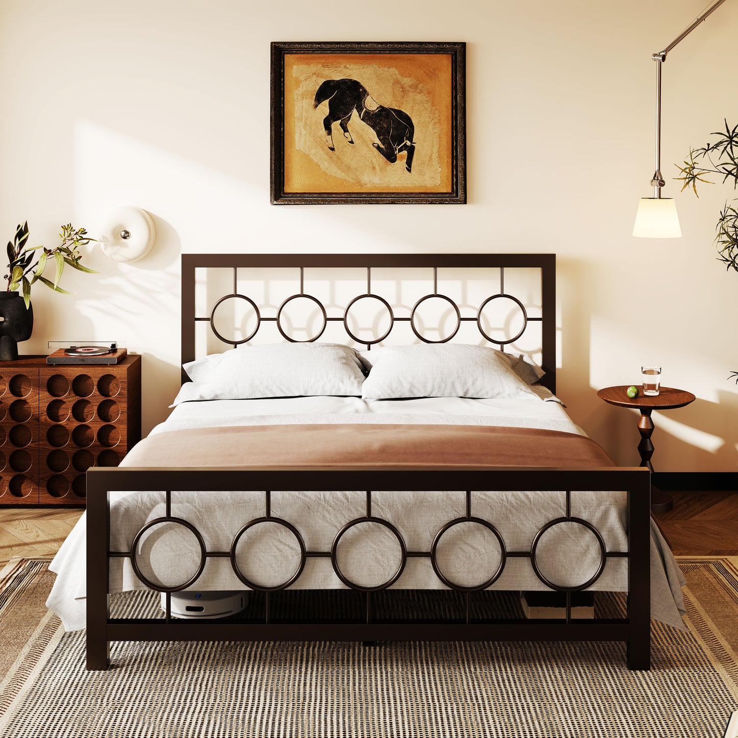 Amolife Metal Platform Bed Frame with Circular Vintage Headboard & Footboard
