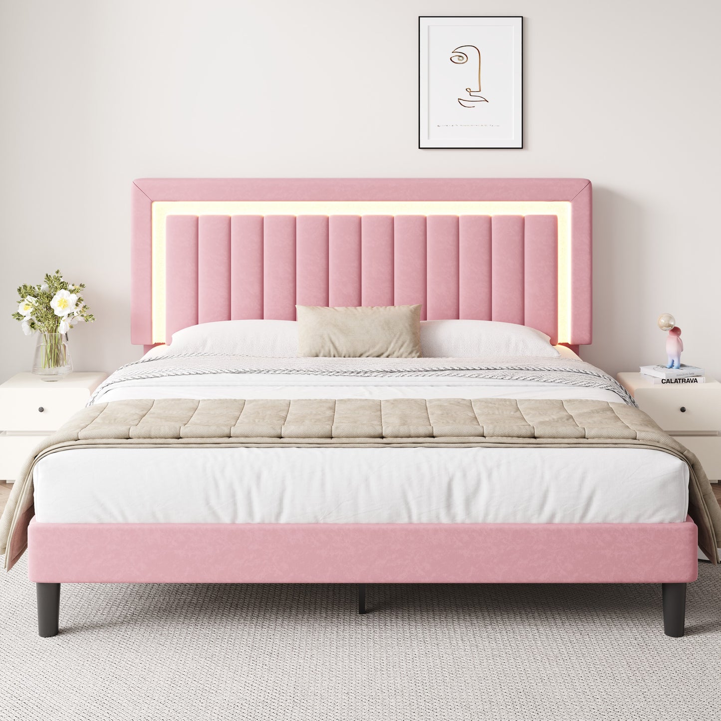 Amolife Bed Frame, Platform Bed with LED Light Velvet Vertical Channel Upholstered Headboard