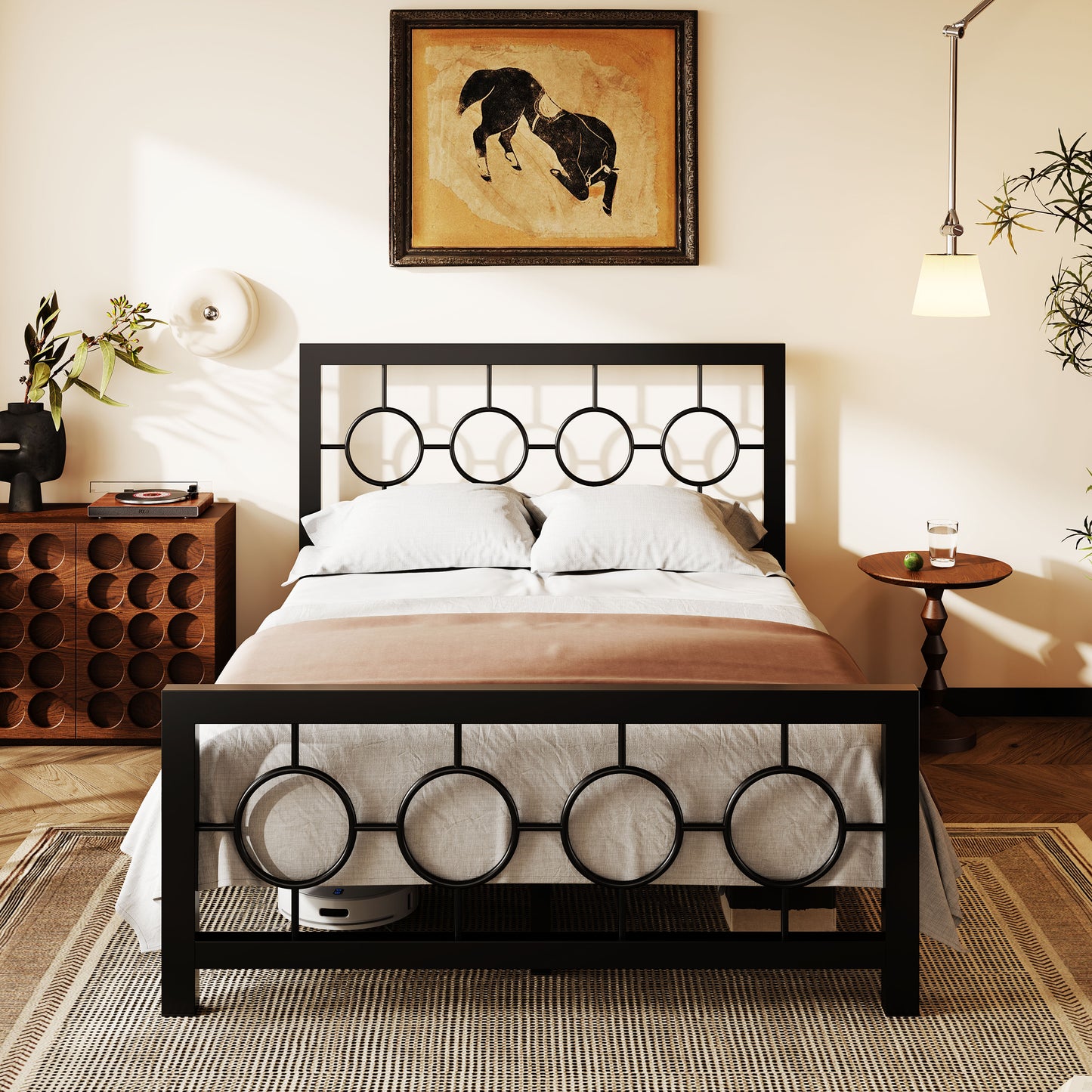 Amolife Metal Platform Bed Frame with Circular Vintage Headboard & Footboard