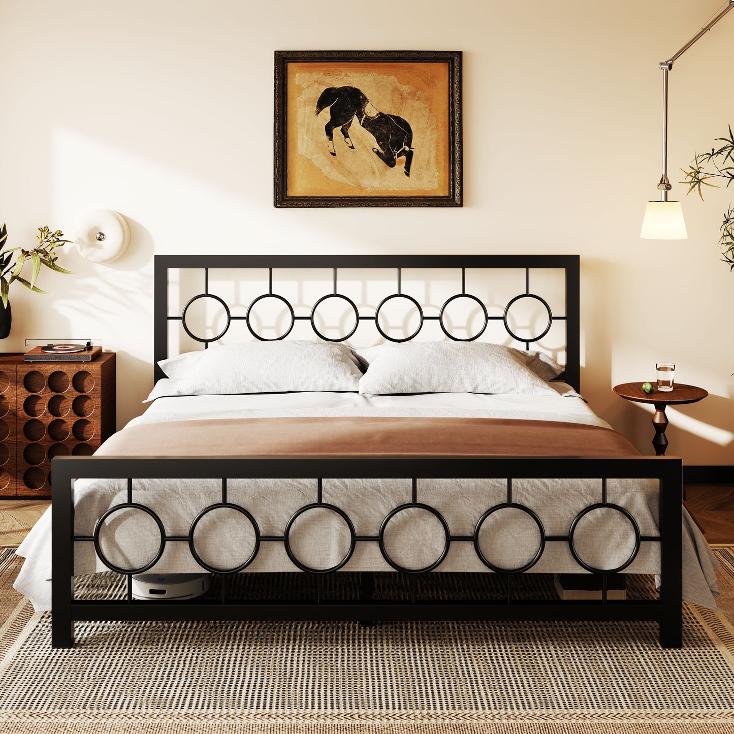 Amolife Metal Platform Bed Frame with Circular Vintage Headboard & Footboard