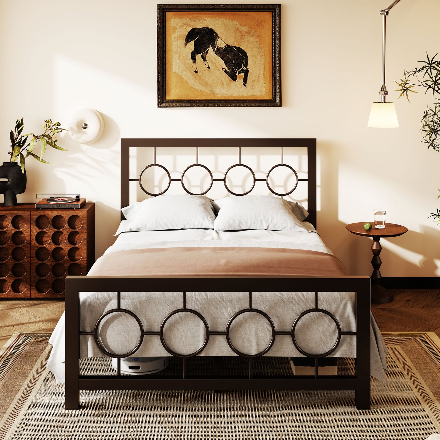 Amolife Metal Platform Bed Frame with Circular Vintage Headboard & Footboard