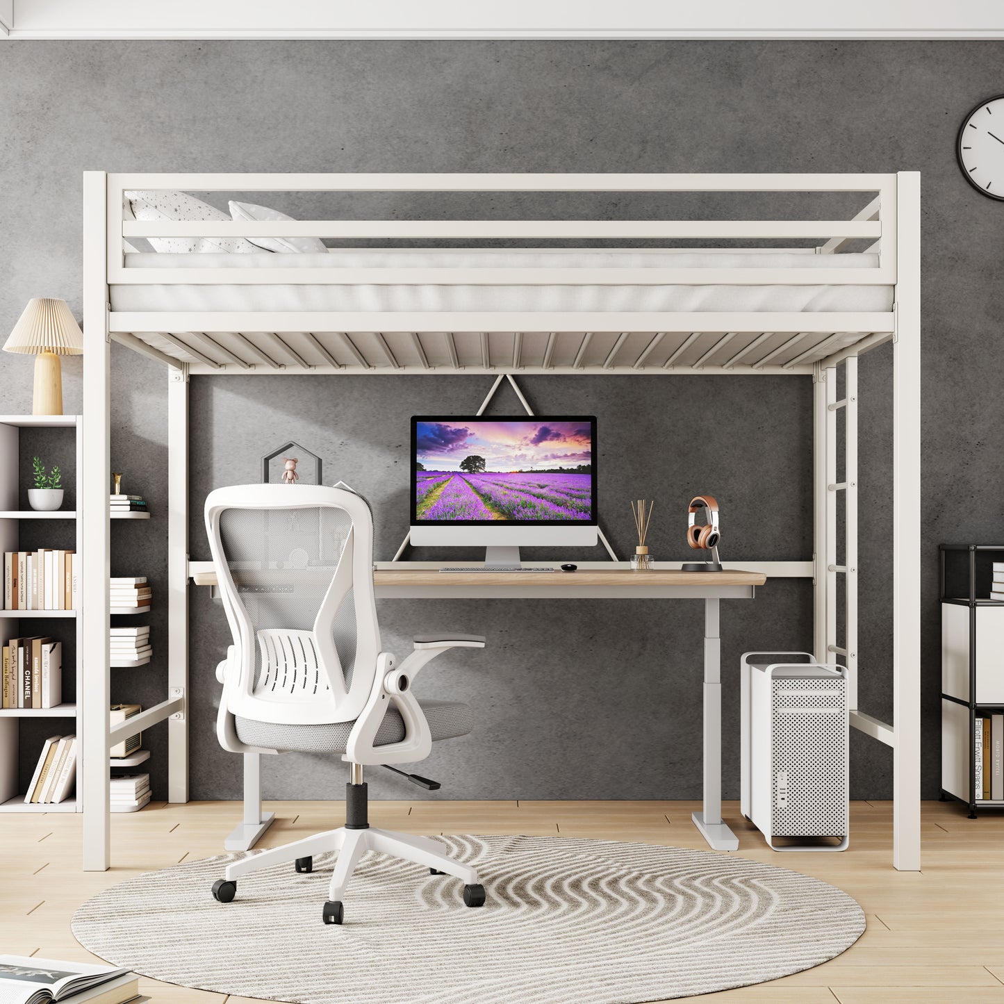 Loft Bed Frame for Juniors&Adults, Metal Loft Bed Twin Size with Safety Guardrail&Removable Ladder, Space-Saving, Noise Free
