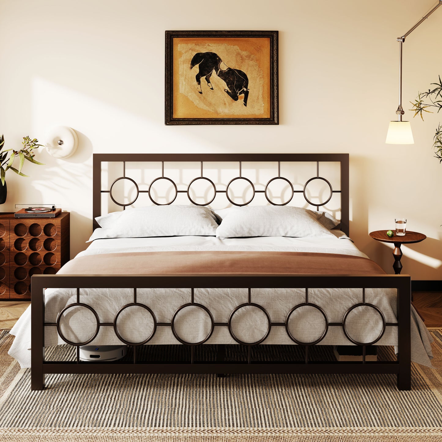 Amolife Metal Platform Bed Frame with Circular Vintage Headboard & Footboard