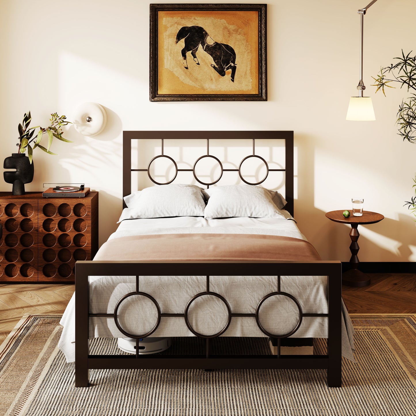 Amolife Metal Platform Bed Frame with Circular Vintage Headboard & Footboard
