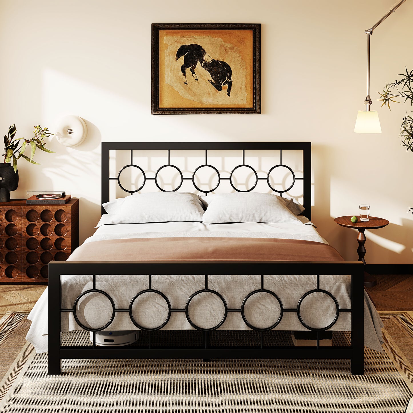 Amolife Metal Platform Bed Frame with Circular Vintage Headboard & Footboard