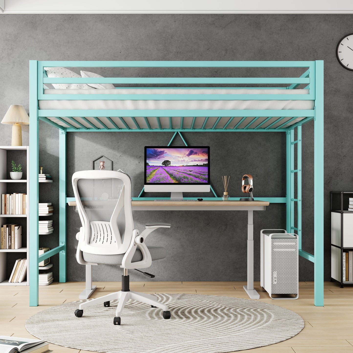 Loft Bed Frame for Juniors&Adults, Metal Loft Bed Twin Size with Safety Guardrail&Removable Ladder, Space-Saving, Noise Free