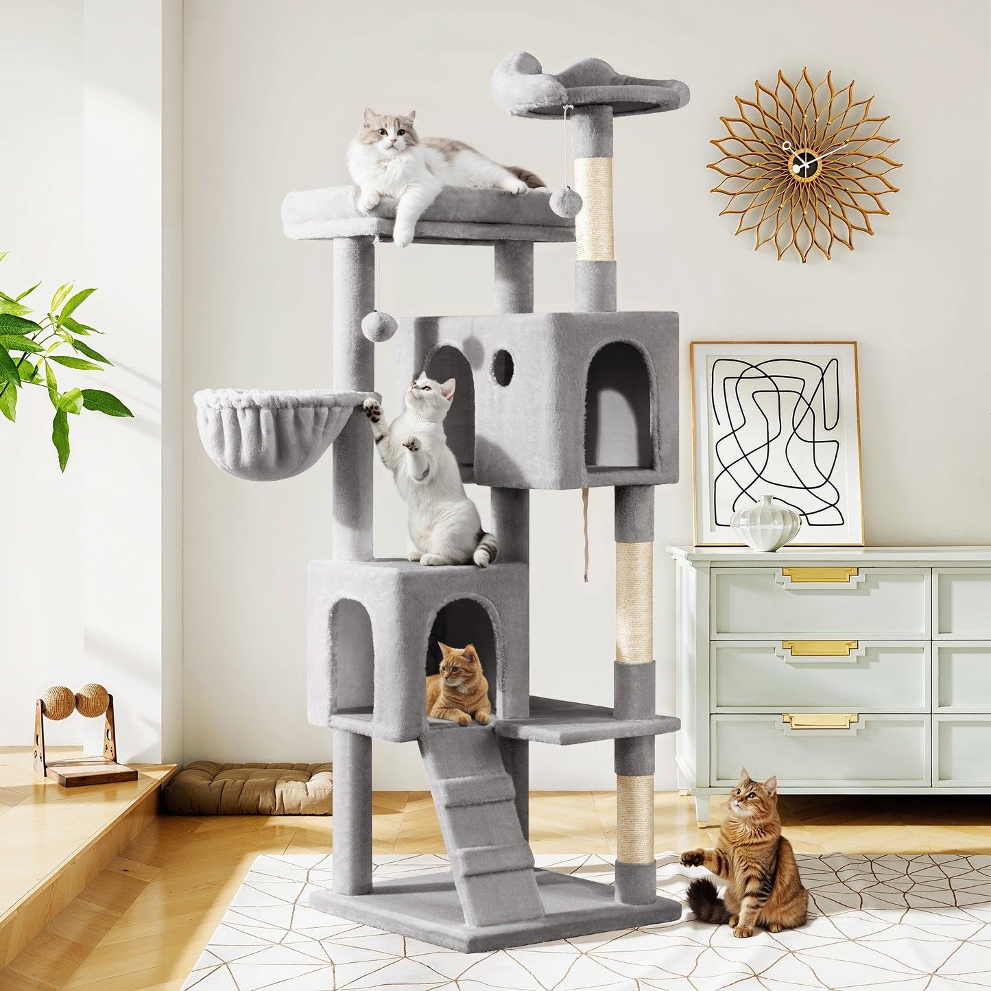 Amolife 63.98" Large Cat Tree and Tower with Stair, Condo House & Scratching Posts for Indoor Cats