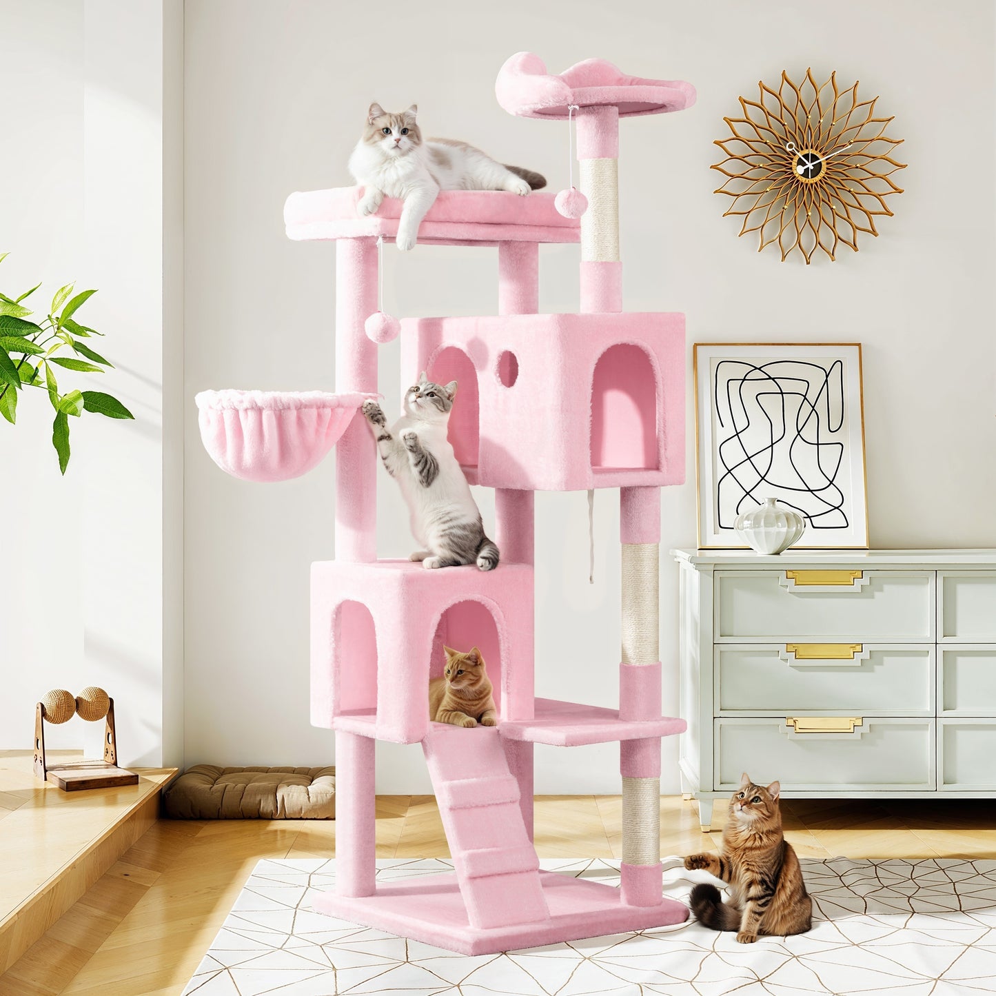 Amolife 63.98" Large Cat Tree and Tower with Stair, Condo House & Scratching Posts for Indoor Cats