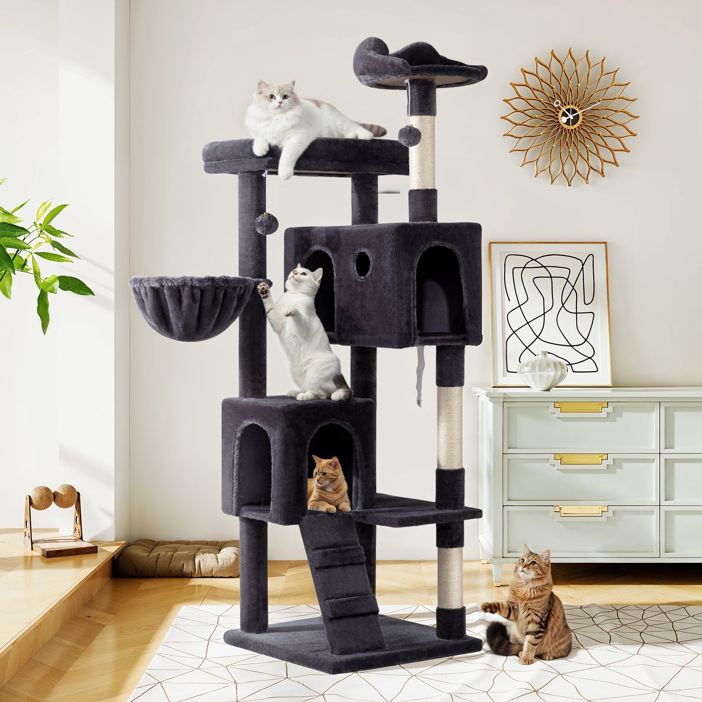 Amolife 63.98" Large Cat Tree and Tower with Stair, Condo House & Scratching Posts for Indoor Cats