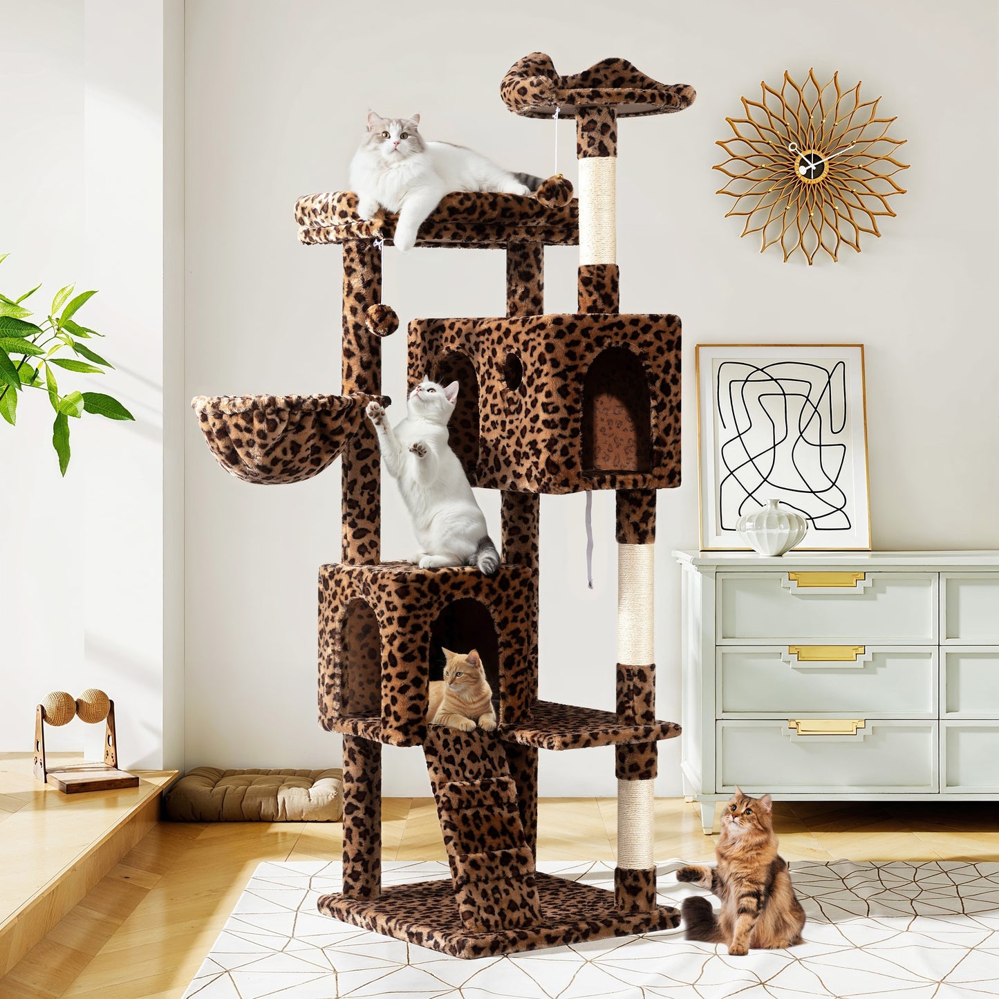 Amolife 63.98" Large Cat Tree and Tower with Stair, Condo House & Scratching Posts for Indoor Cats