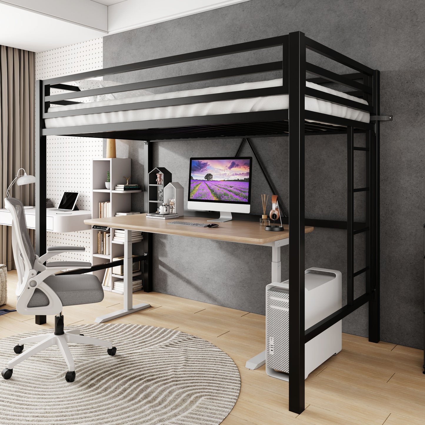 Loft Bed Frame for Juniors&Adults, Metal Loft Bed Twin Size with Safety Guardrail&Removable Ladder, Space-Saving, Noise Free