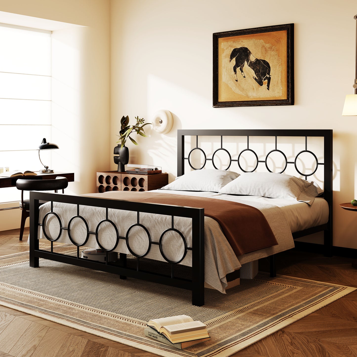 Amolife Metal Platform Bed Frame with Circular Vintage Headboard & Footboard