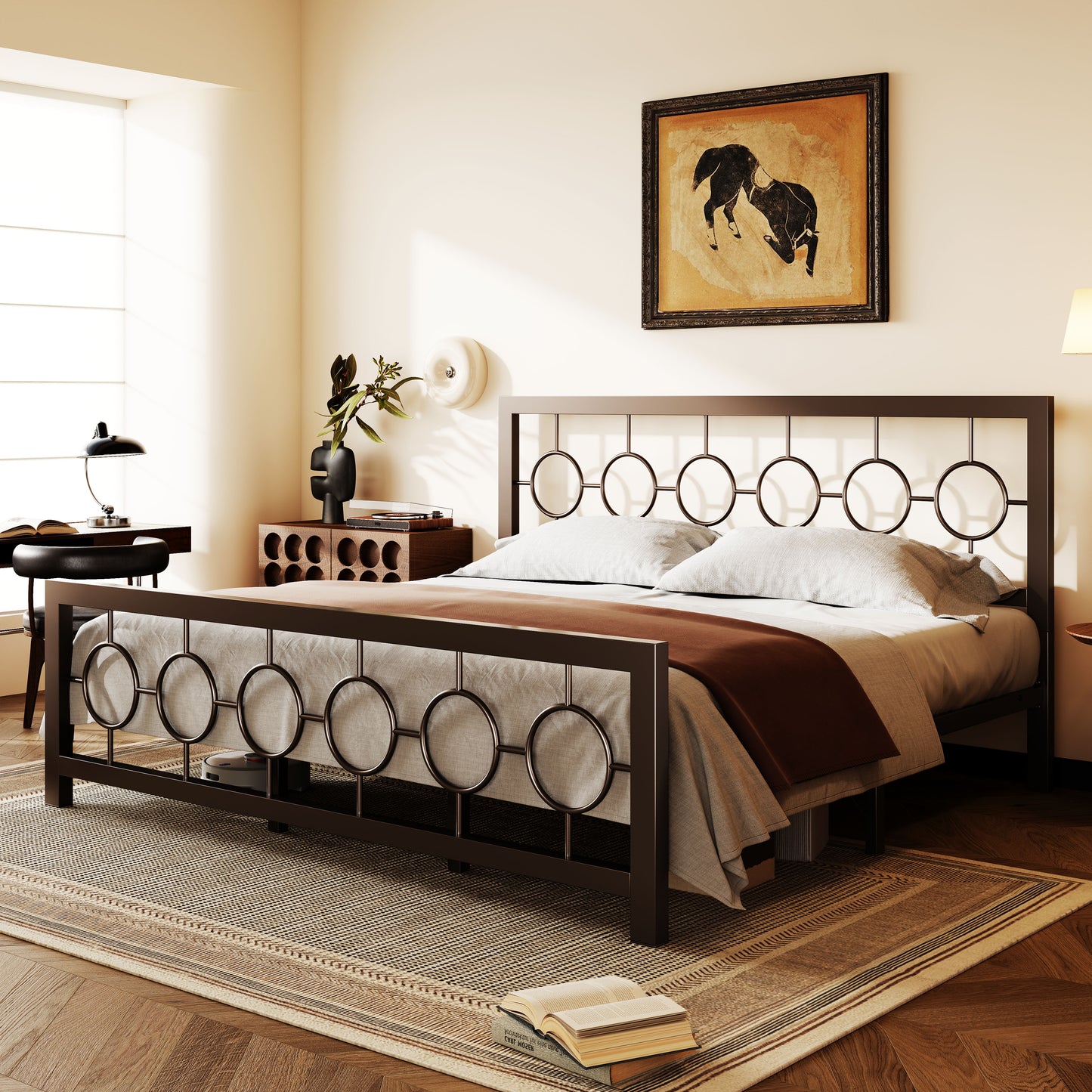Amolife Metal Platform Bed Frame with Circular Vintage Headboard & Footboard
