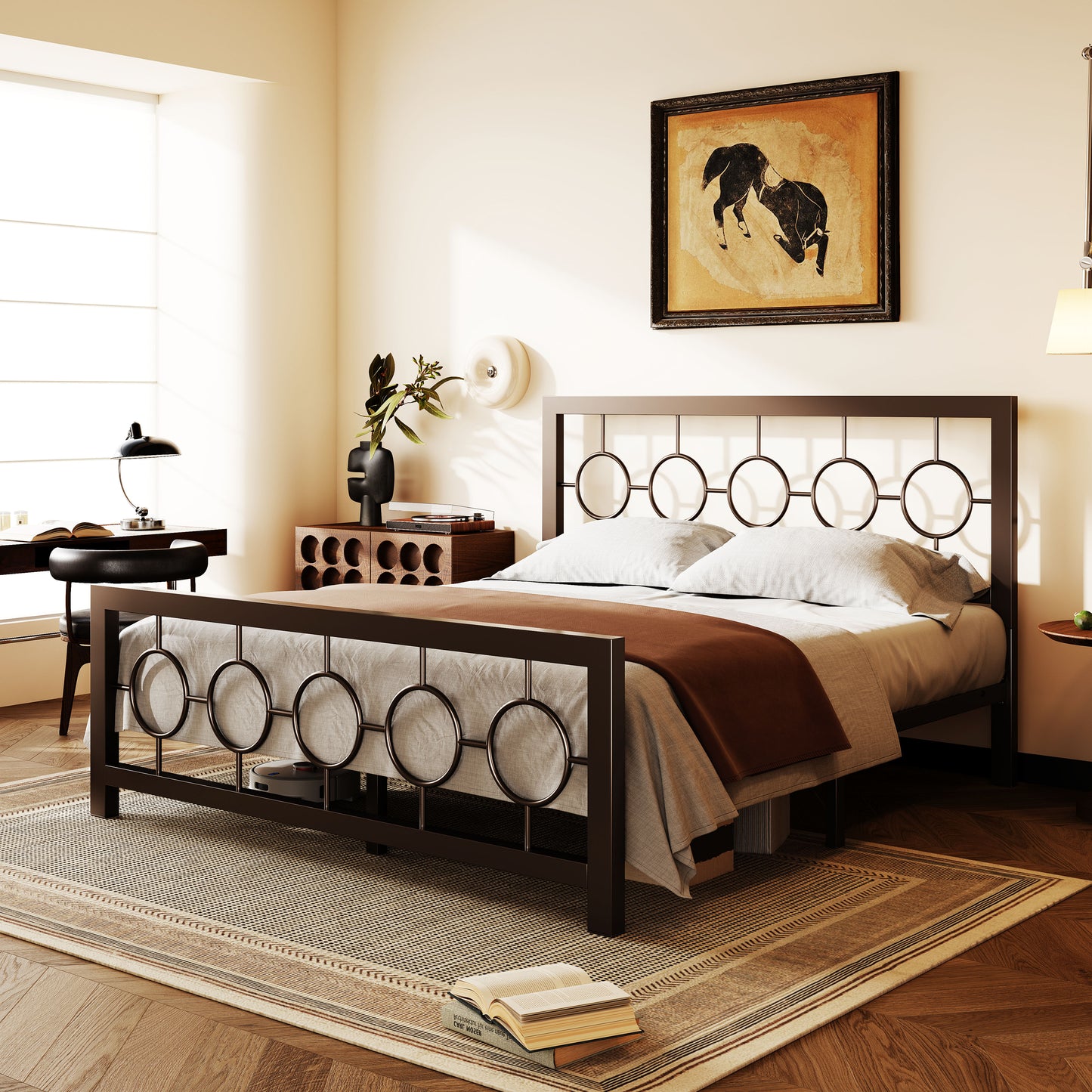 Amolife Metal Platform Bed Frame with Circular Vintage Headboard & Footboard