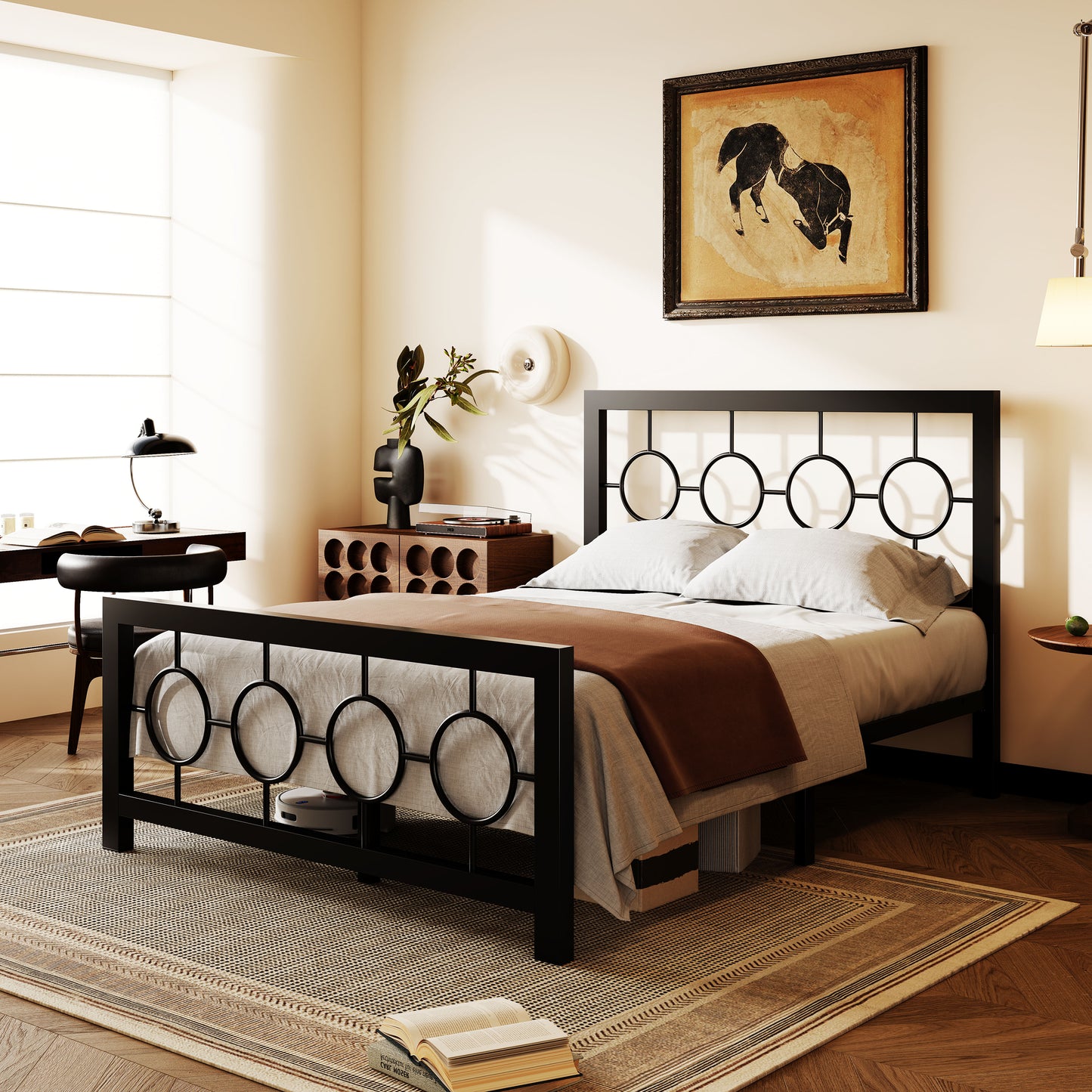 Amolife Metal Platform Bed Frame with Circular Vintage Headboard & Footboard