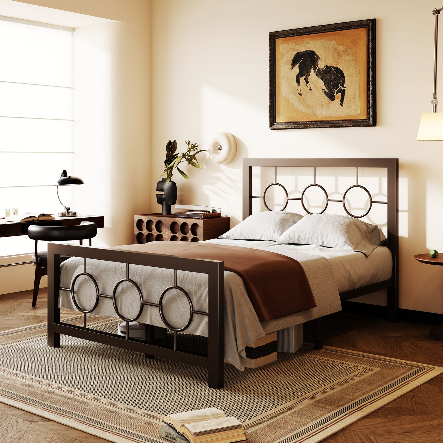 Amolife Metal Platform Bed Frame with Circular Vintage Headboard & Footboard