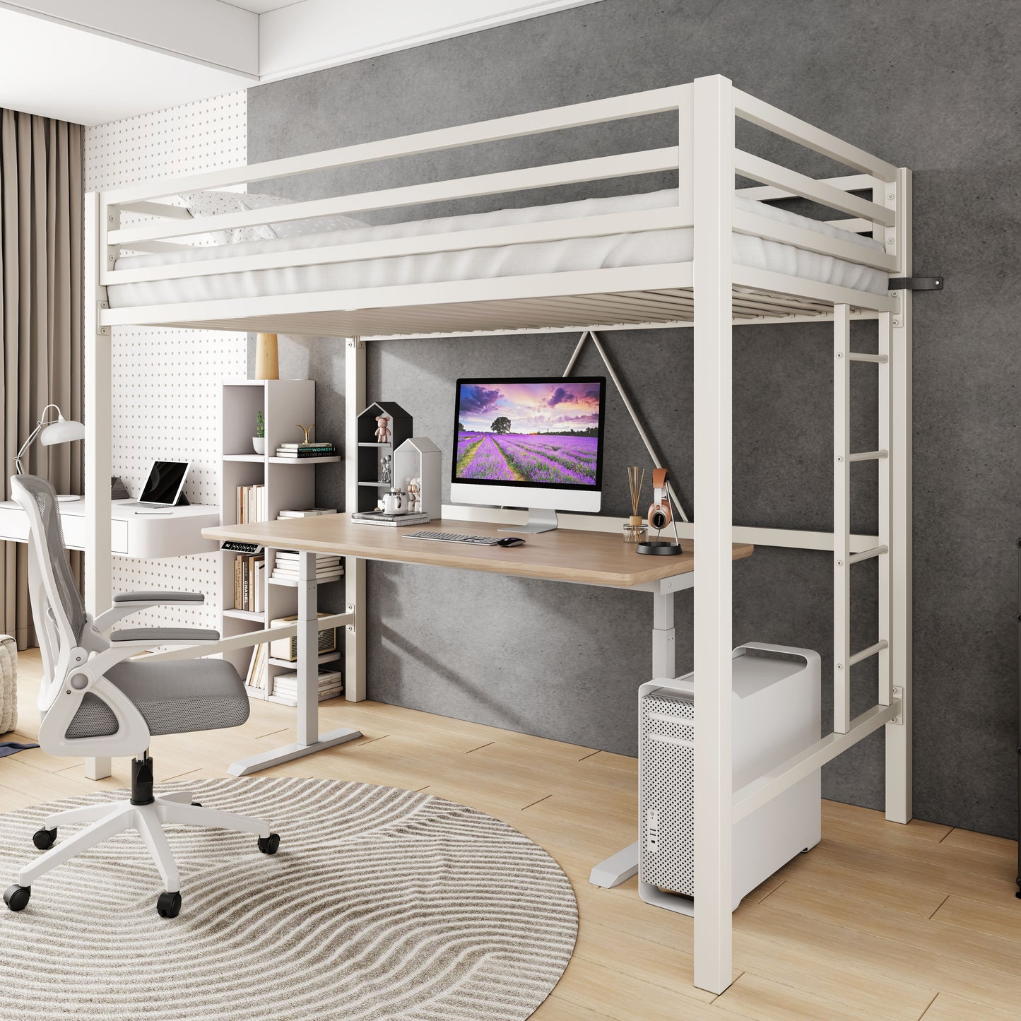 Loft Bed Frame for Juniors&Adults, Metal Loft Bed Twin Size with Safety Guardrail&Removable Ladder, Space-Saving, Noise Free