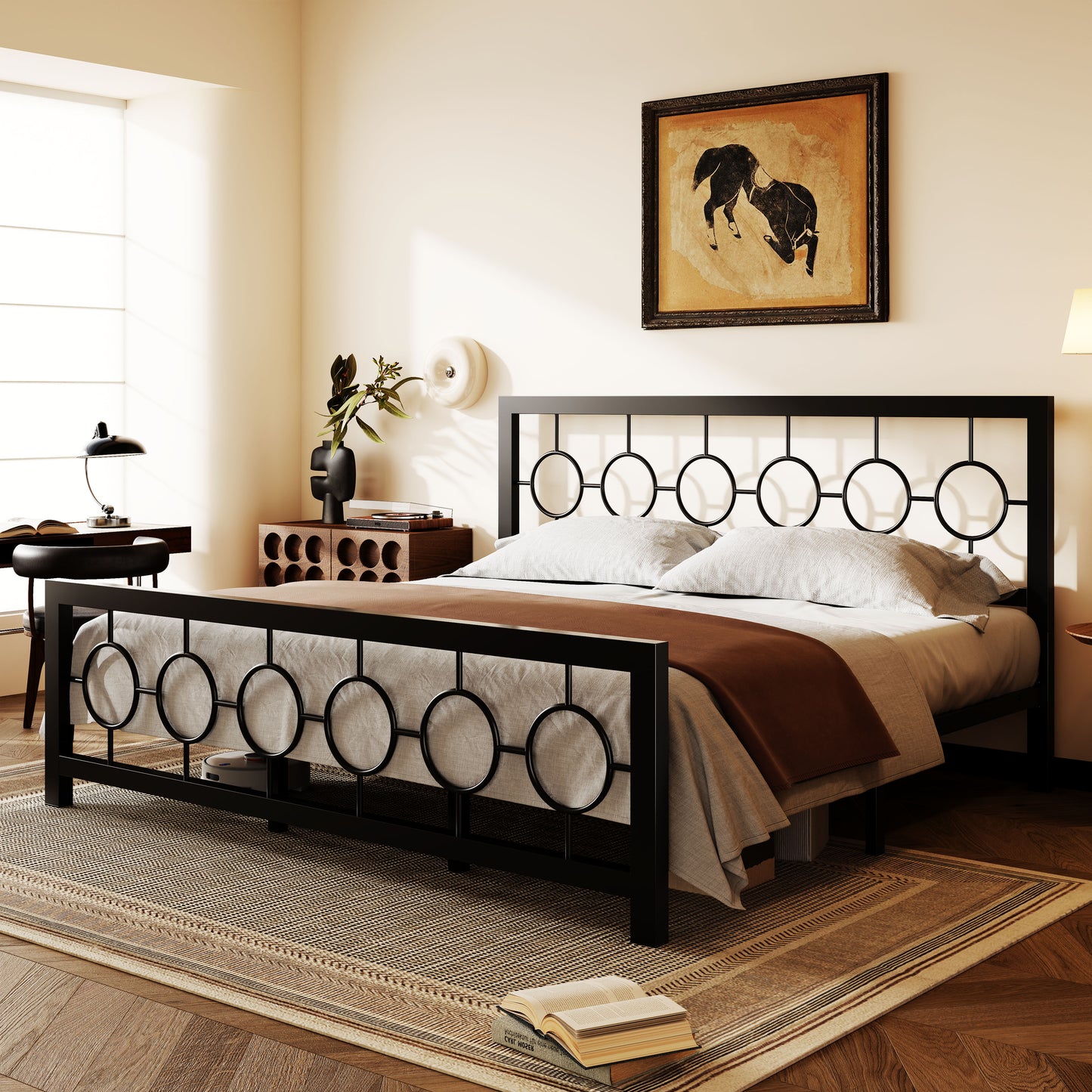 Amolife Metal Platform Bed Frame with Circular Vintage Headboard & Footboard