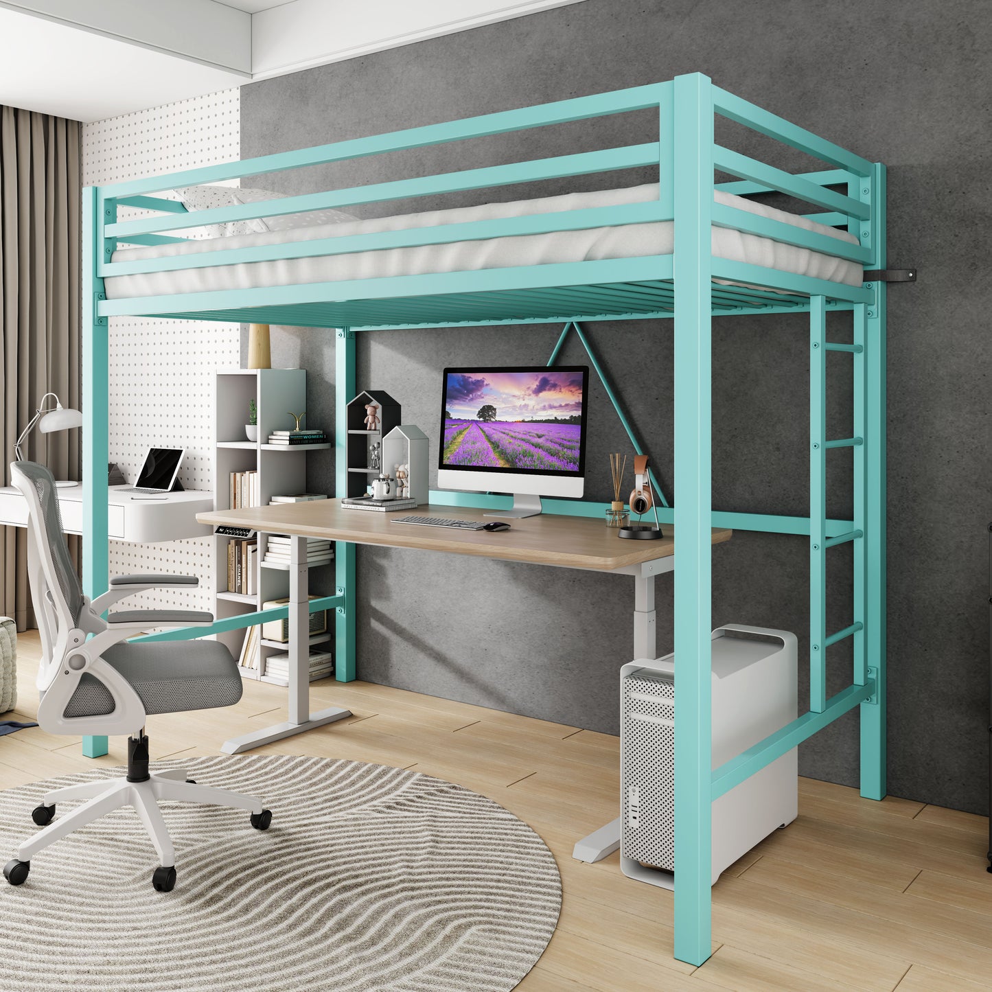 Loft Bed Frame for Juniors&Adults, Metal Loft Bed Twin Size with Safety Guardrail&Removable Ladder, Space-Saving, Noise Free