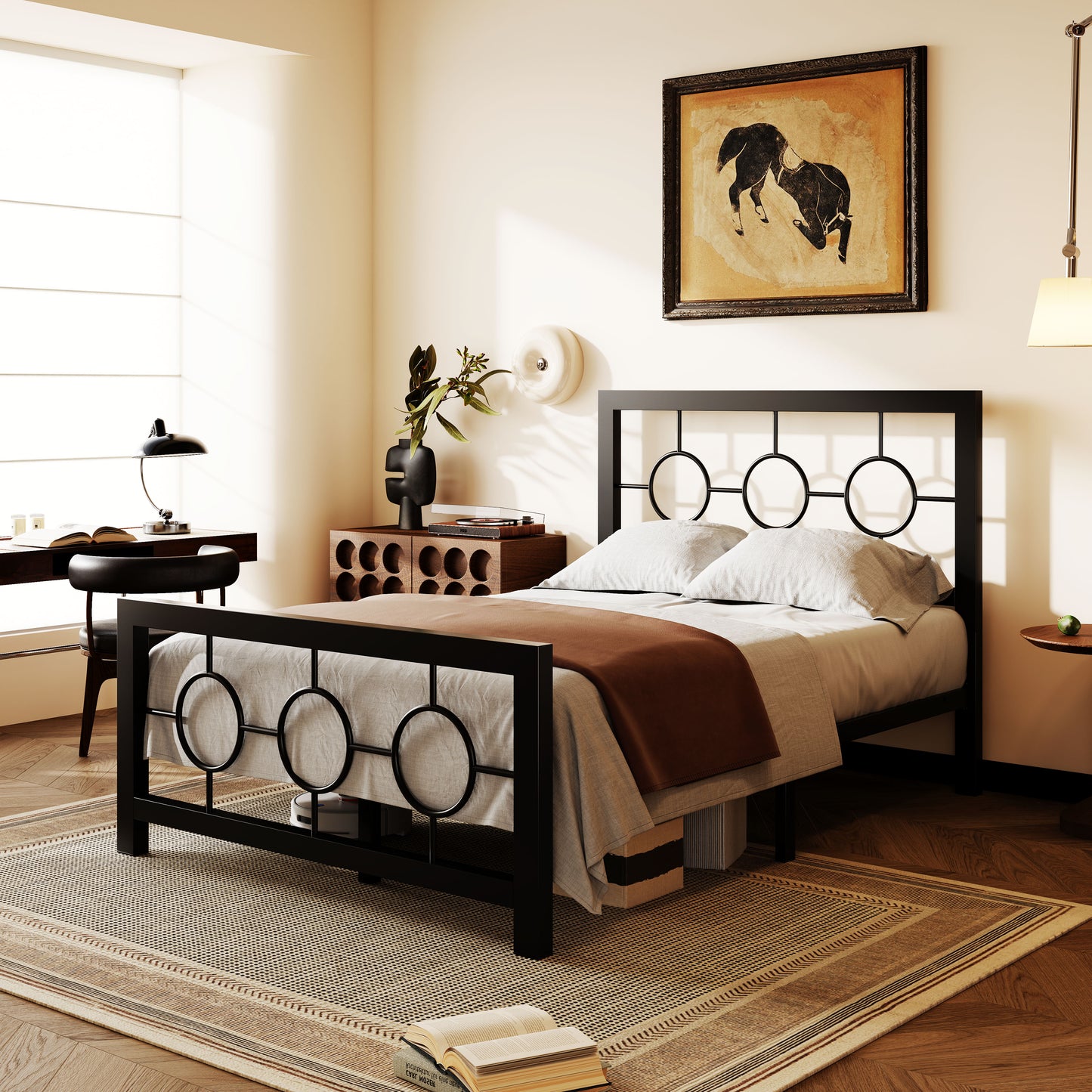 Amolife Metal Platform Bed Frame with Circular Vintage Headboard & Footboard