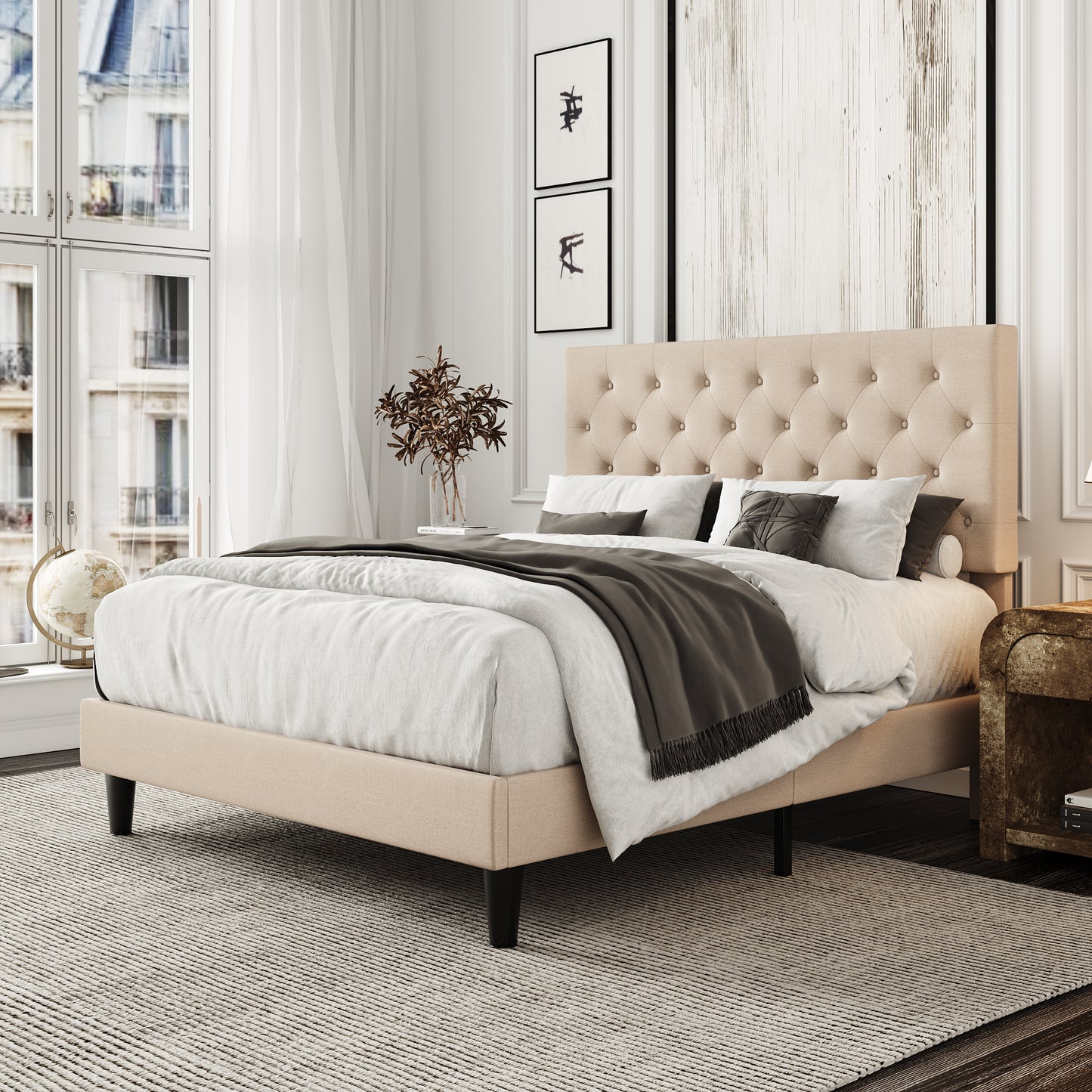 Faux Leather Upholstered Bed Frame with Adjustable Diamond Stitched Button Tufted Headboard