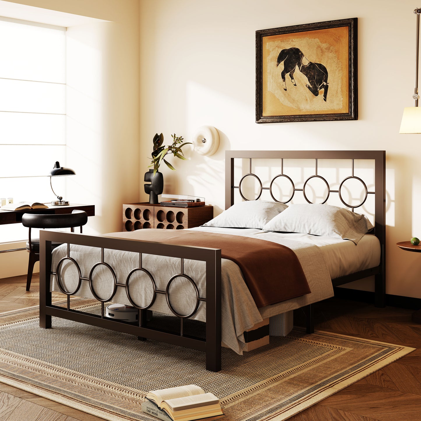 Amolife Metal Platform Bed Frame with Circular Vintage Headboard & Footboard