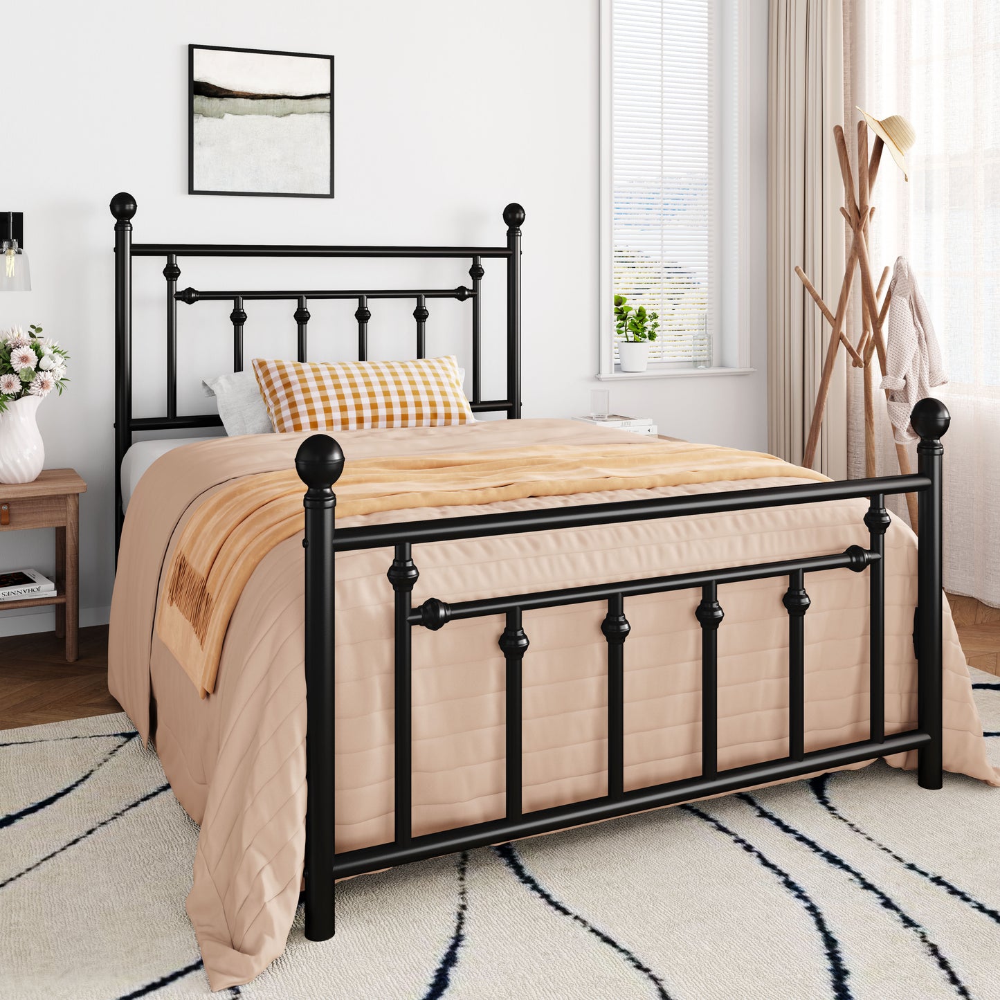 Queen Size Metal Bed Frame with Victorian Vintage Style Headboard and Footboard, Black