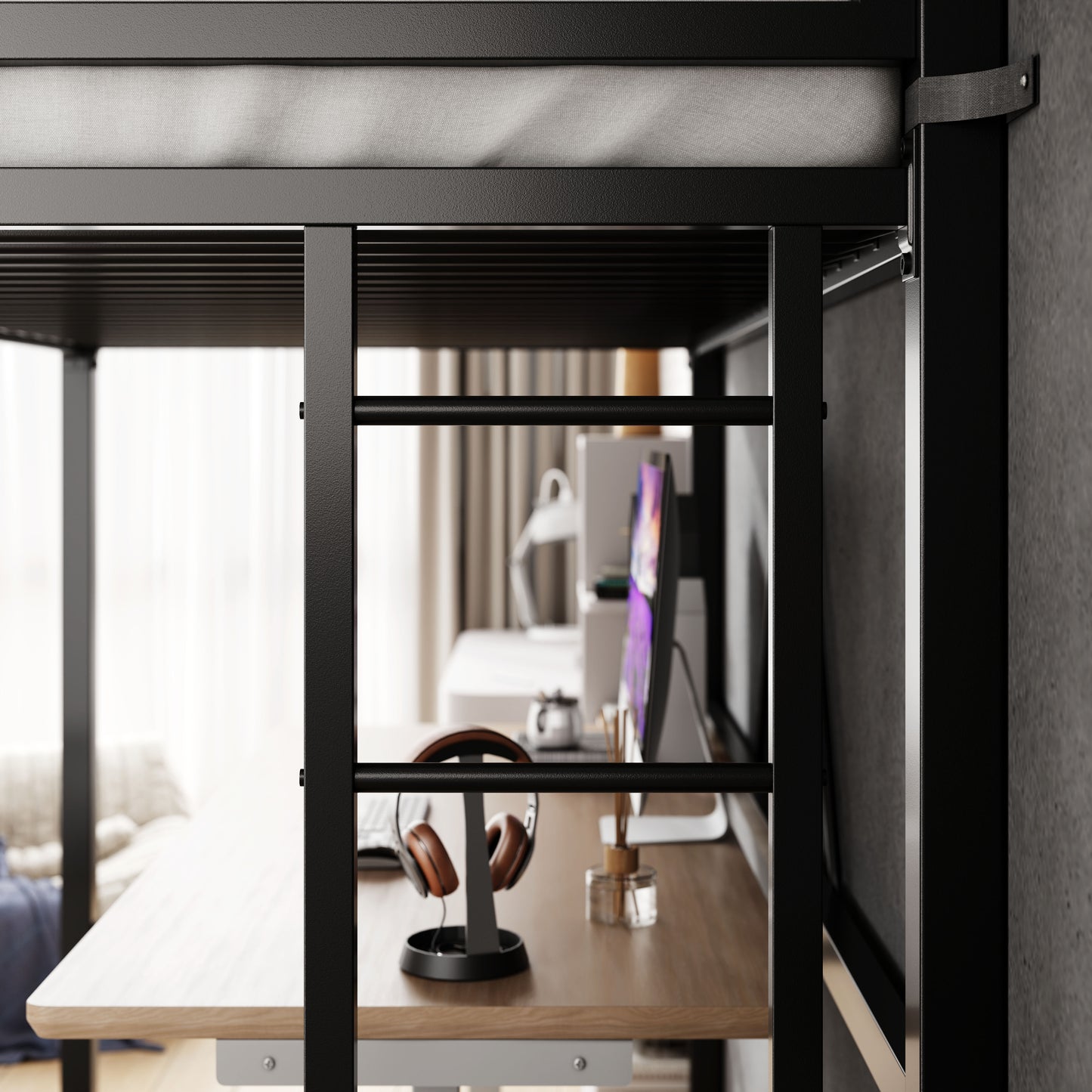 Loft Bed Frame for Juniors&Adults, Metal Loft Bed Twin Size with Safety Guardrail&Removable Ladder, Space-Saving, Noise Free