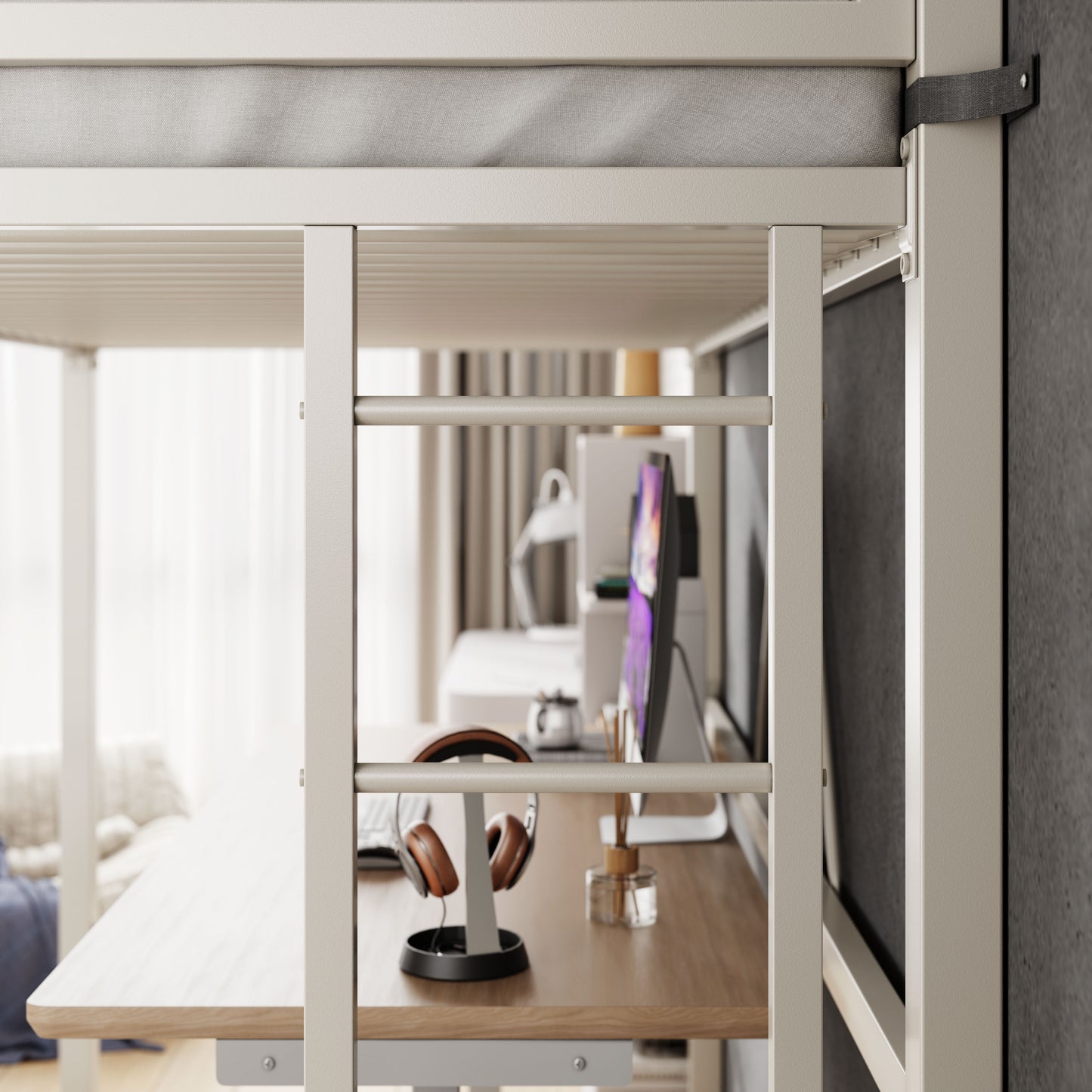 Loft Bed Frame for Juniors&Adults, Metal Loft Bed Twin Size with Safety Guardrail&Removable Ladder, Space-Saving, Noise Free