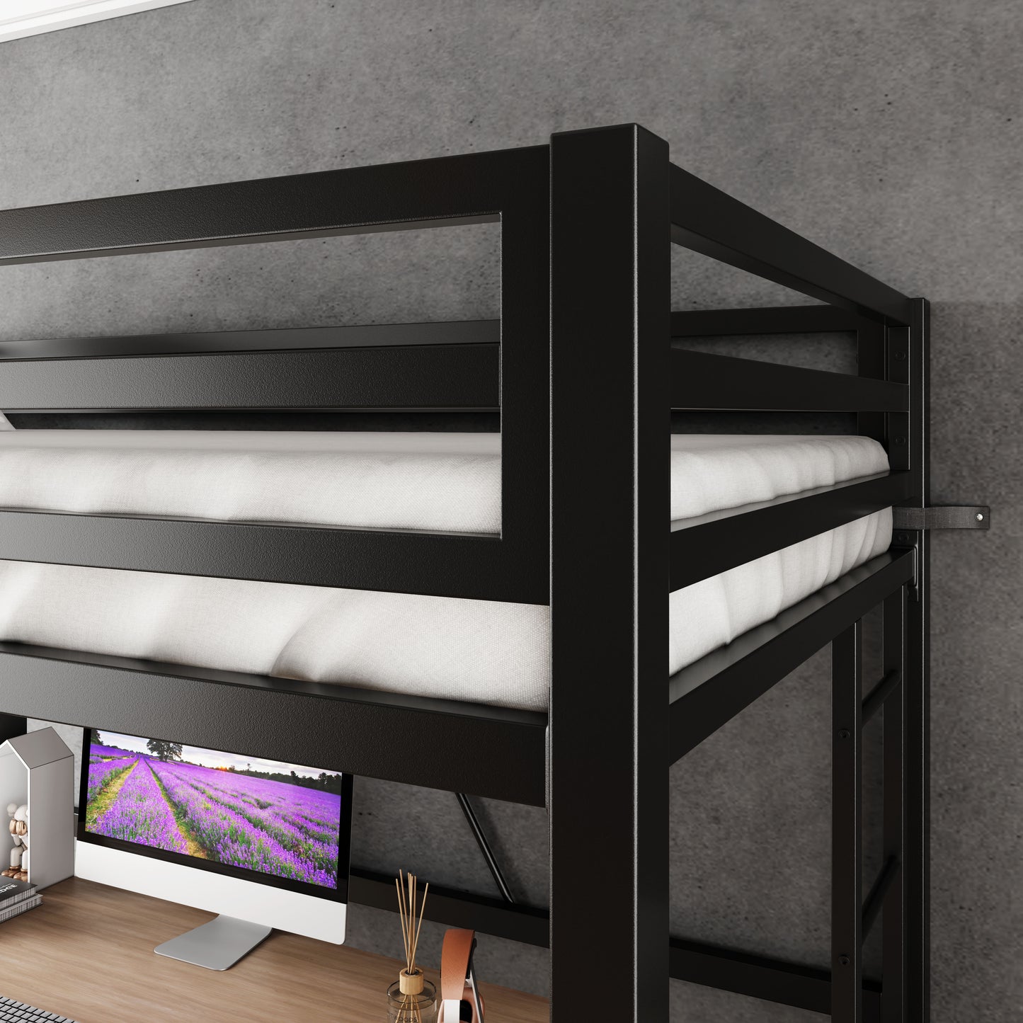 Loft Bed Frame for Juniors&Adults, Metal Loft Bed Twin Size with Safety Guardrail&Removable Ladder, Space-Saving, Noise Free