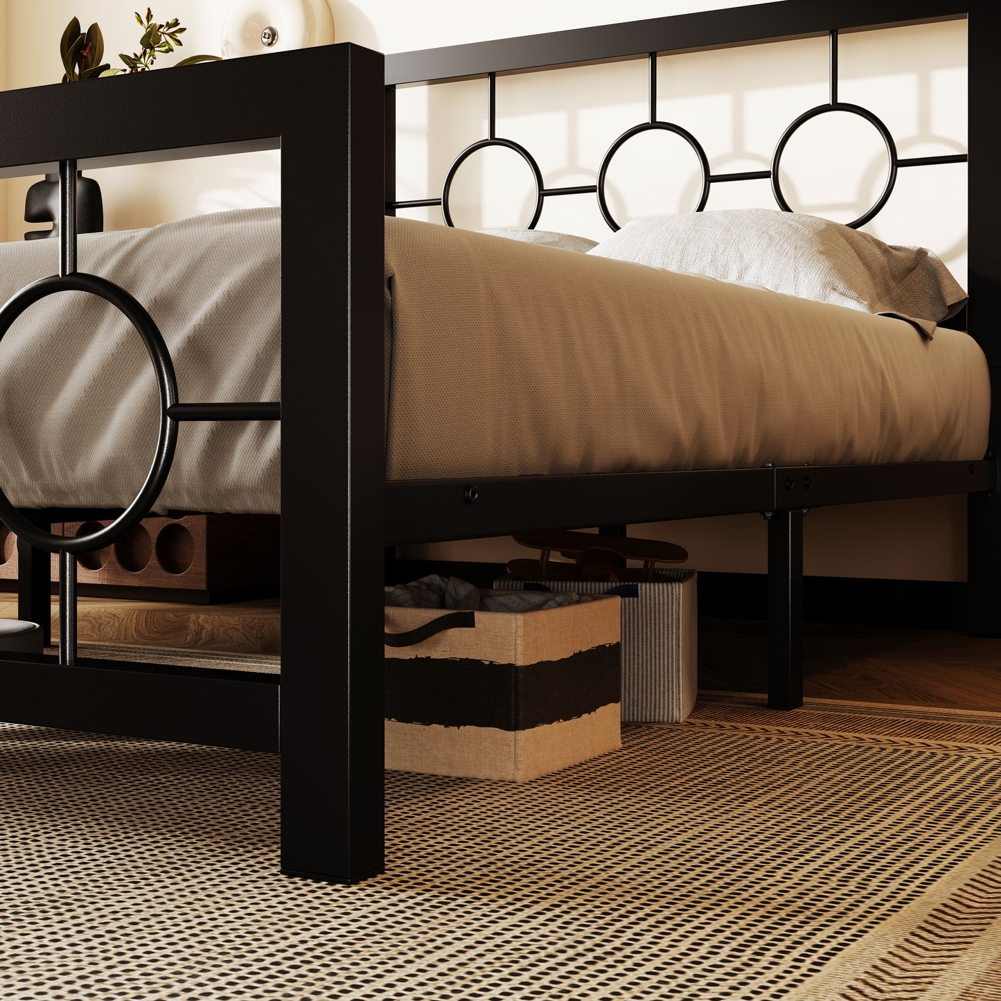 Amolife Metal Platform Bed Frame with Circular Vintage Headboard & Footboard