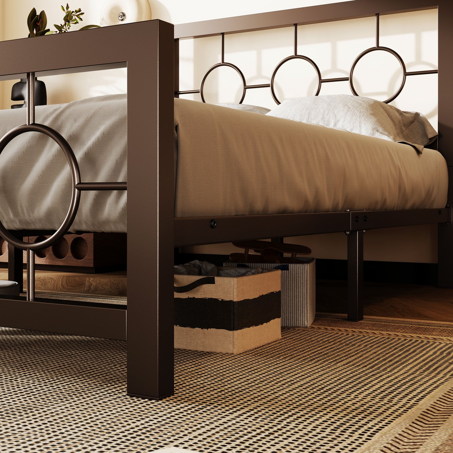 Amolife Metal Platform Bed Frame with Circular Vintage Headboard & Footboard