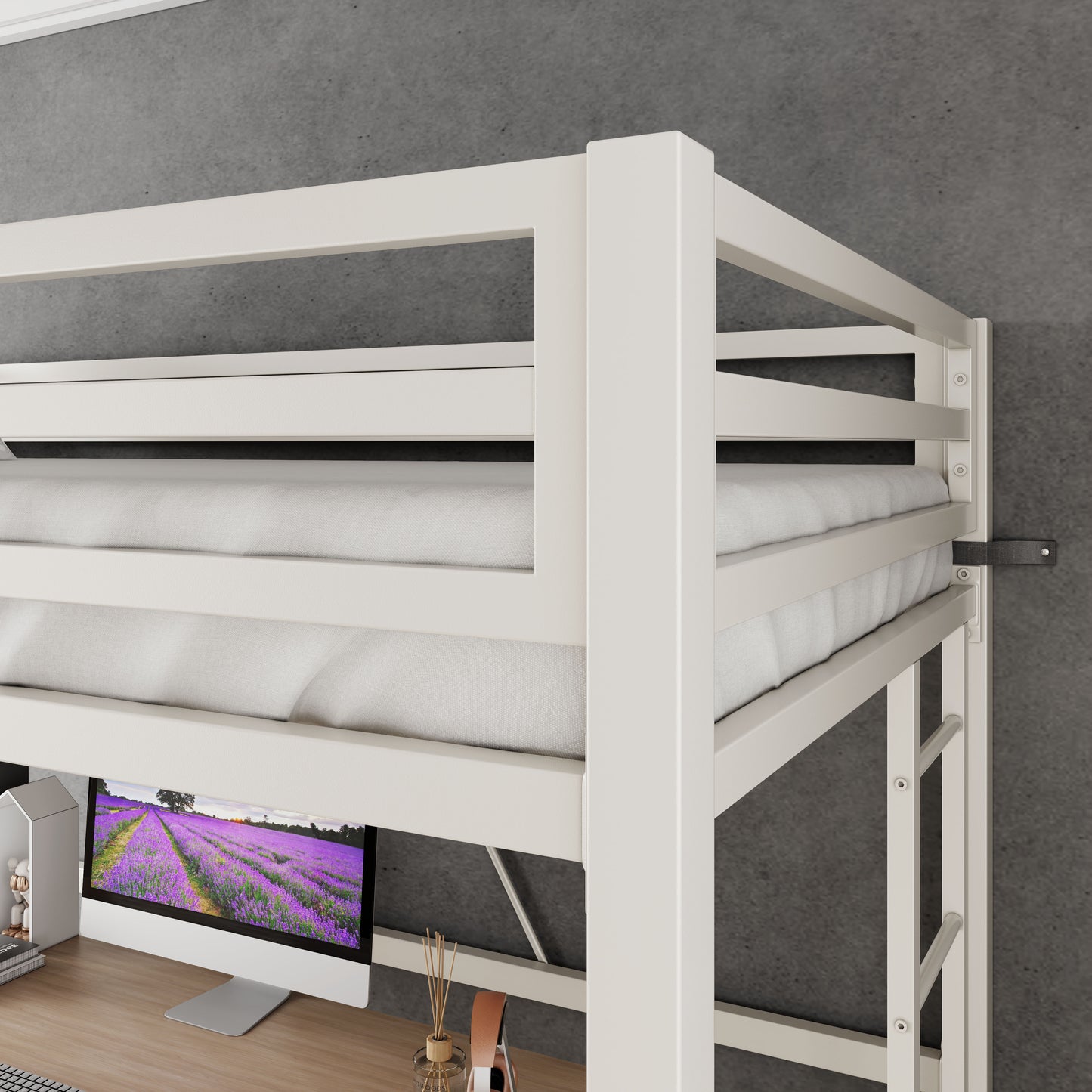Loft Bed Frame for Juniors&Adults, Metal Loft Bed Twin Size with Safety Guardrail&Removable Ladder, Space-Saving, Noise Free