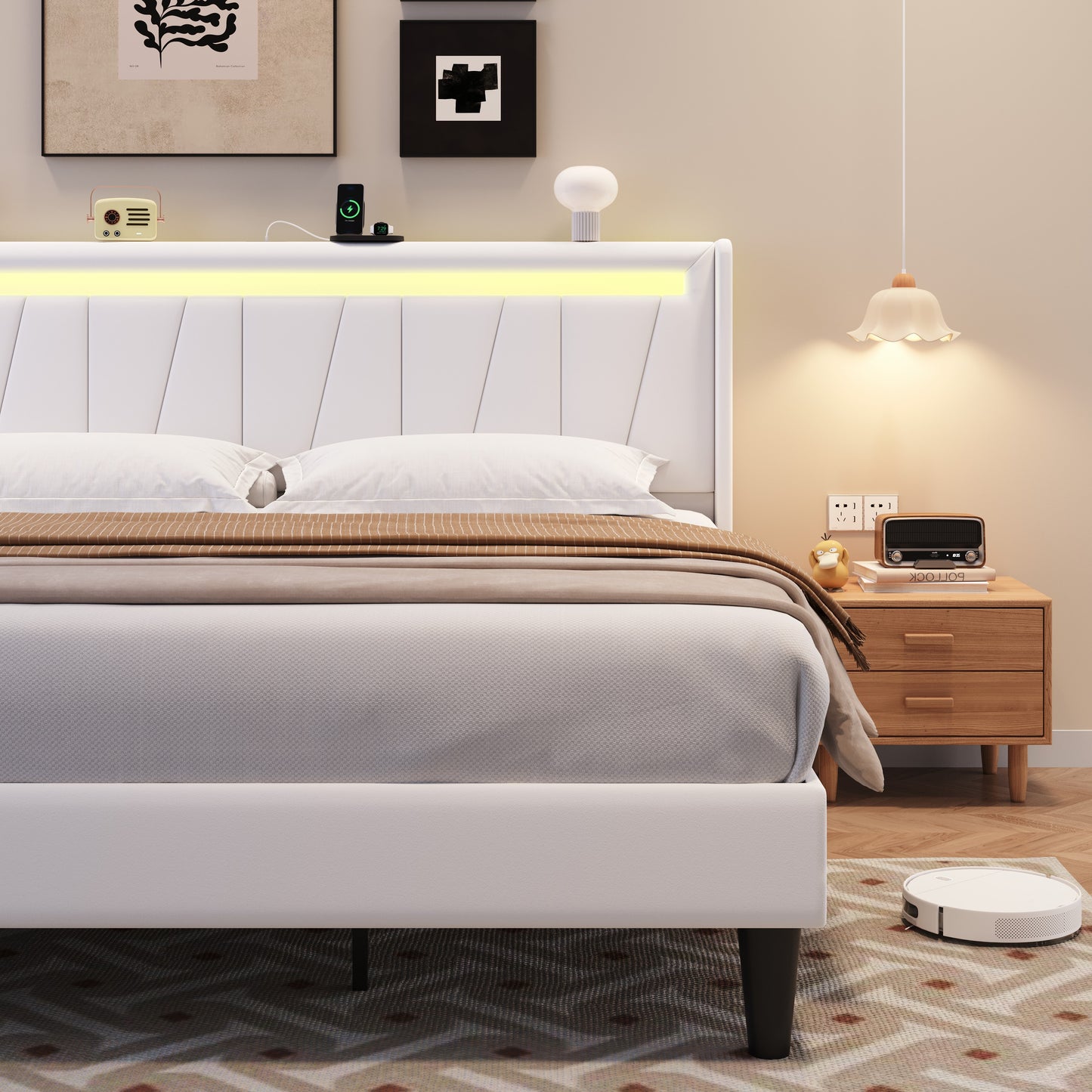 Amolife Bed Frame with Charging Station & LED Light, Velvet Upholstered Platform Bed with Geometric Wingback Headboard