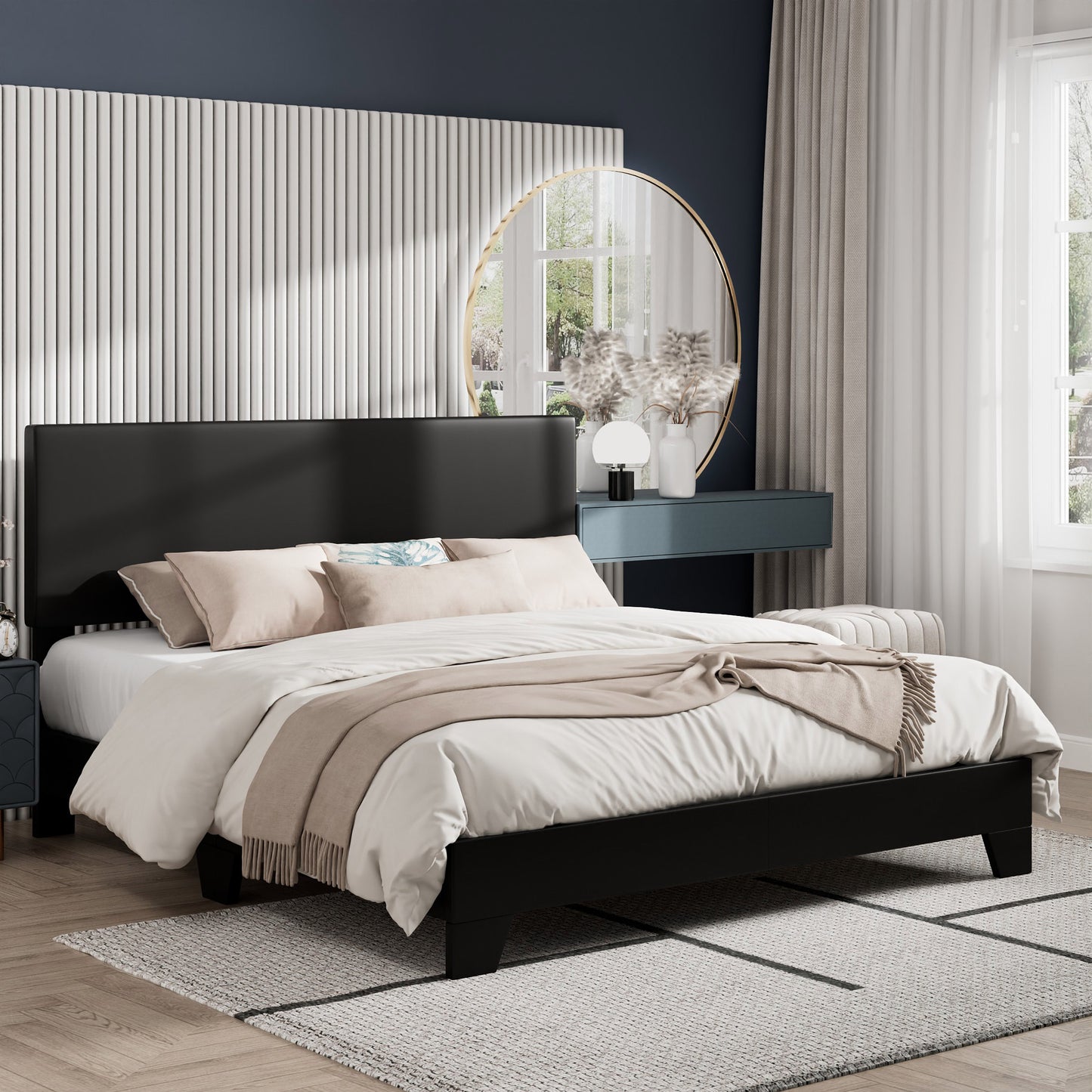 Amolife Faux Leather Platform Bed Frame with Adjustable Headboard
