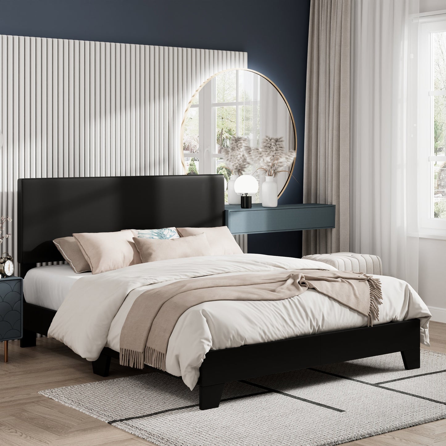 Amolife Faux Leather Platform Bed Frame with Adjustable Headboard