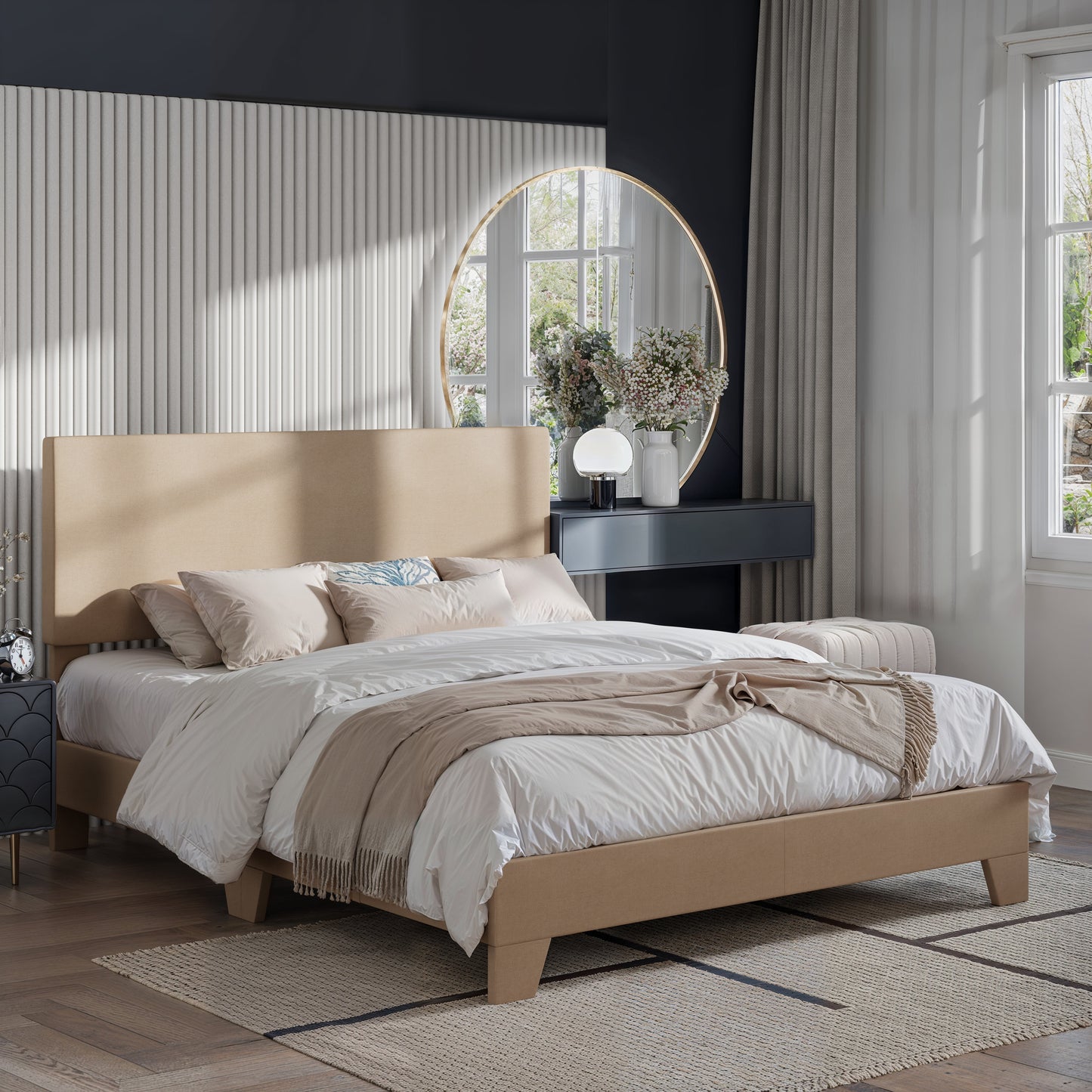 Amolife Faux Leather Platform Bed Frame with Adjustable Headboard