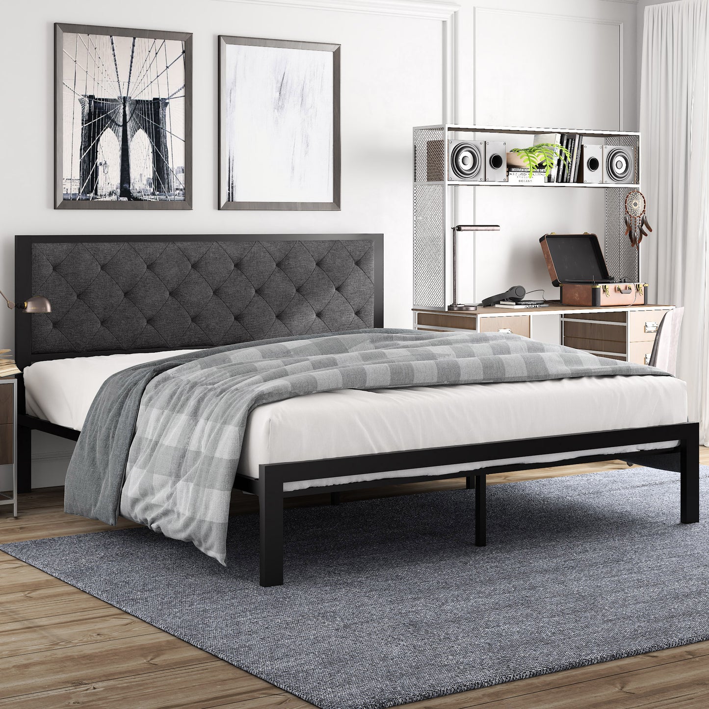 Amolife Metal Bed Frame with Faux Leather Upholstered Headboard