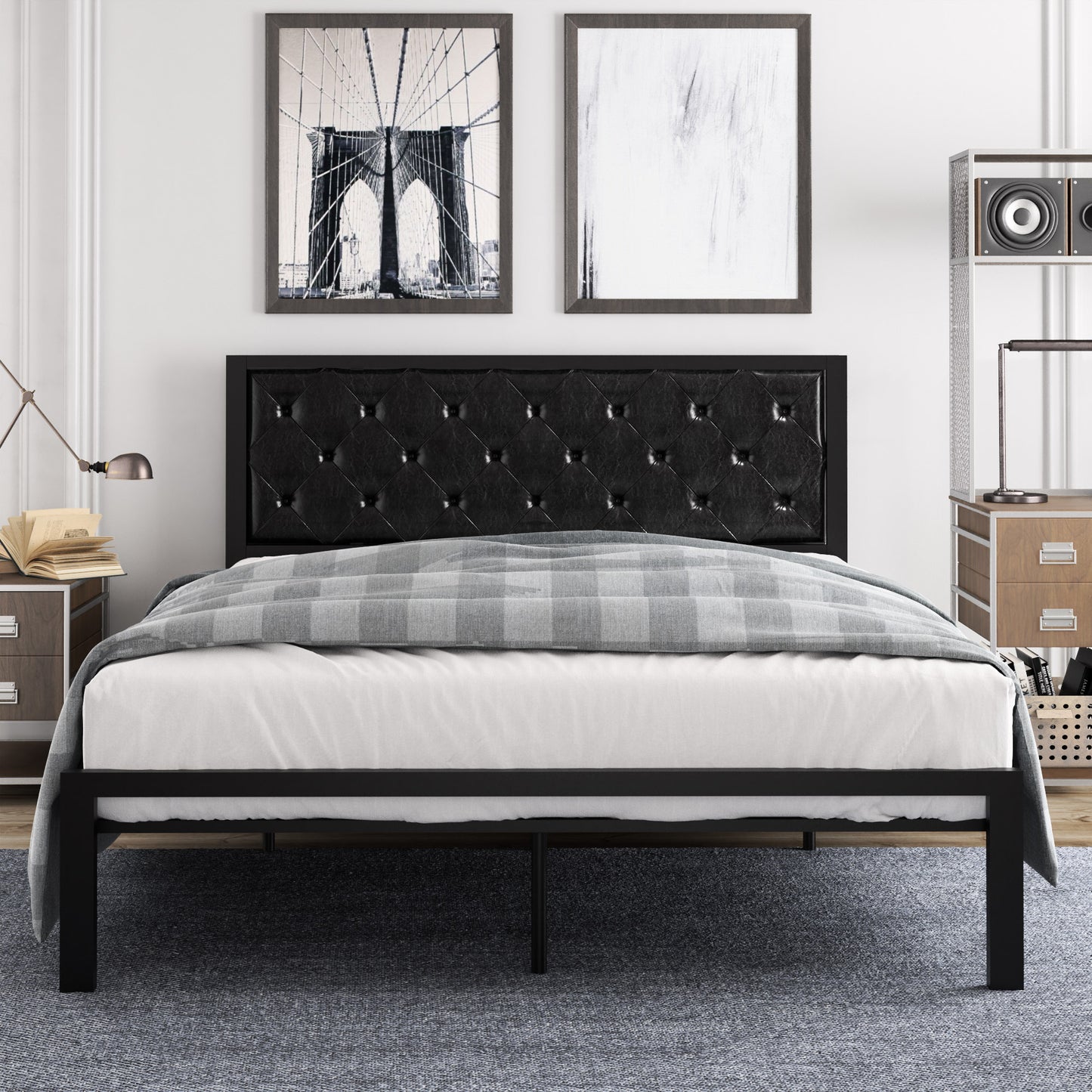 Metal Bed Frame with Headboard, Strong Steel Slats Support