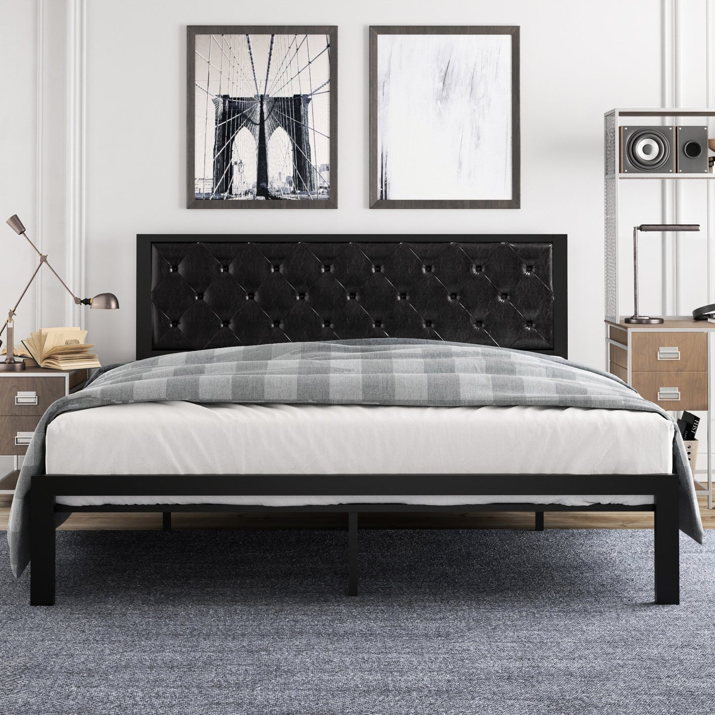 Metal Bed Frame with Headboard, Strong Steel Slats Support
