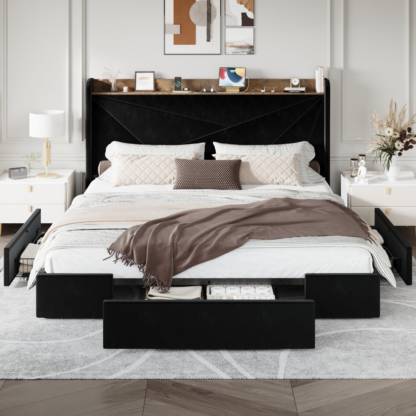 Amolife Storage Bed Frame with 3 Drawers, Velvet Platform Bed with Charging Station & Upholstered Wingback Headboard