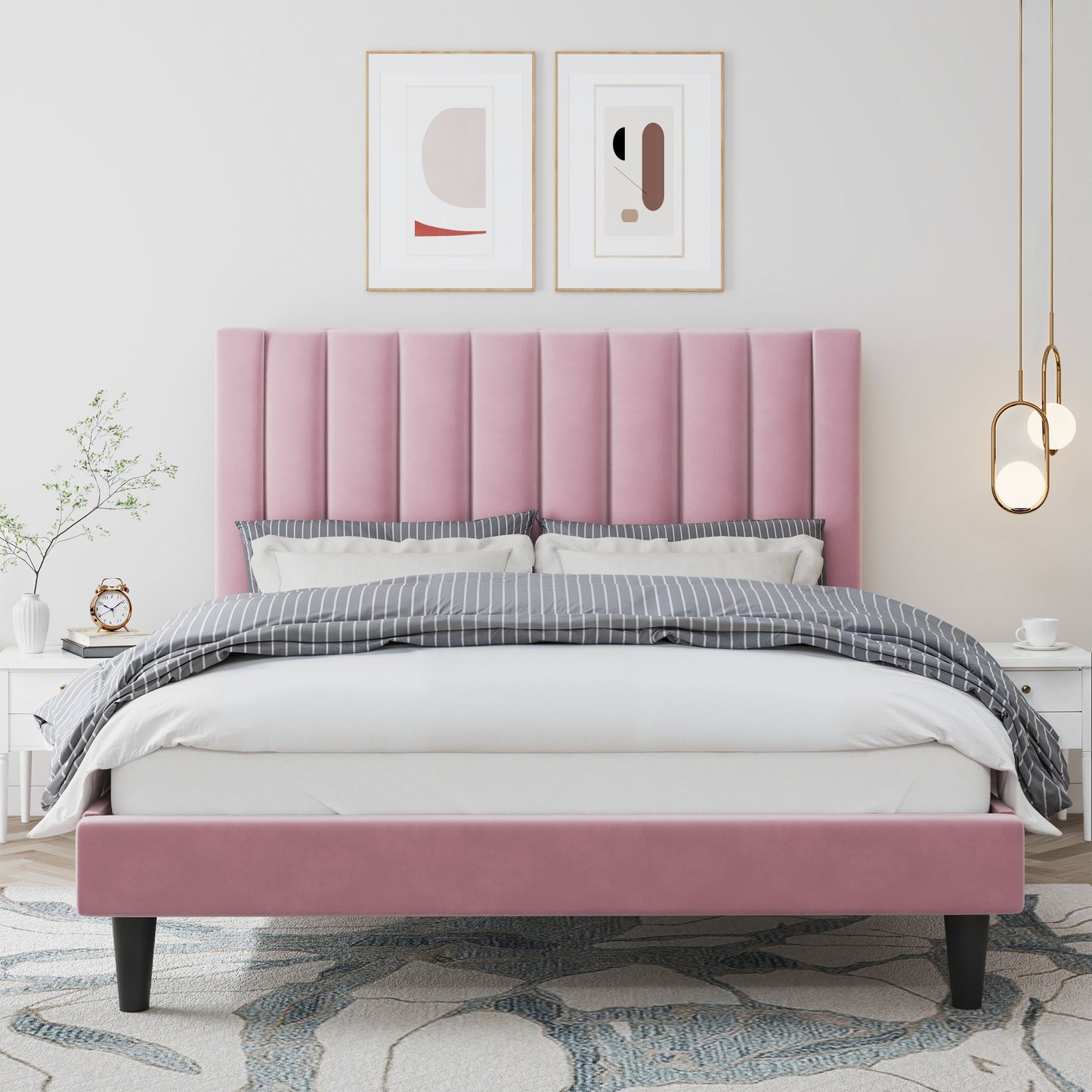 Velvet Upholstered Platform Bed Frame with Headboard, Strong Wood Slats Support